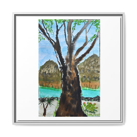 Tranquil Lakeside Tree Watercolor - Framed Matte Canvas Print by Dr. Q