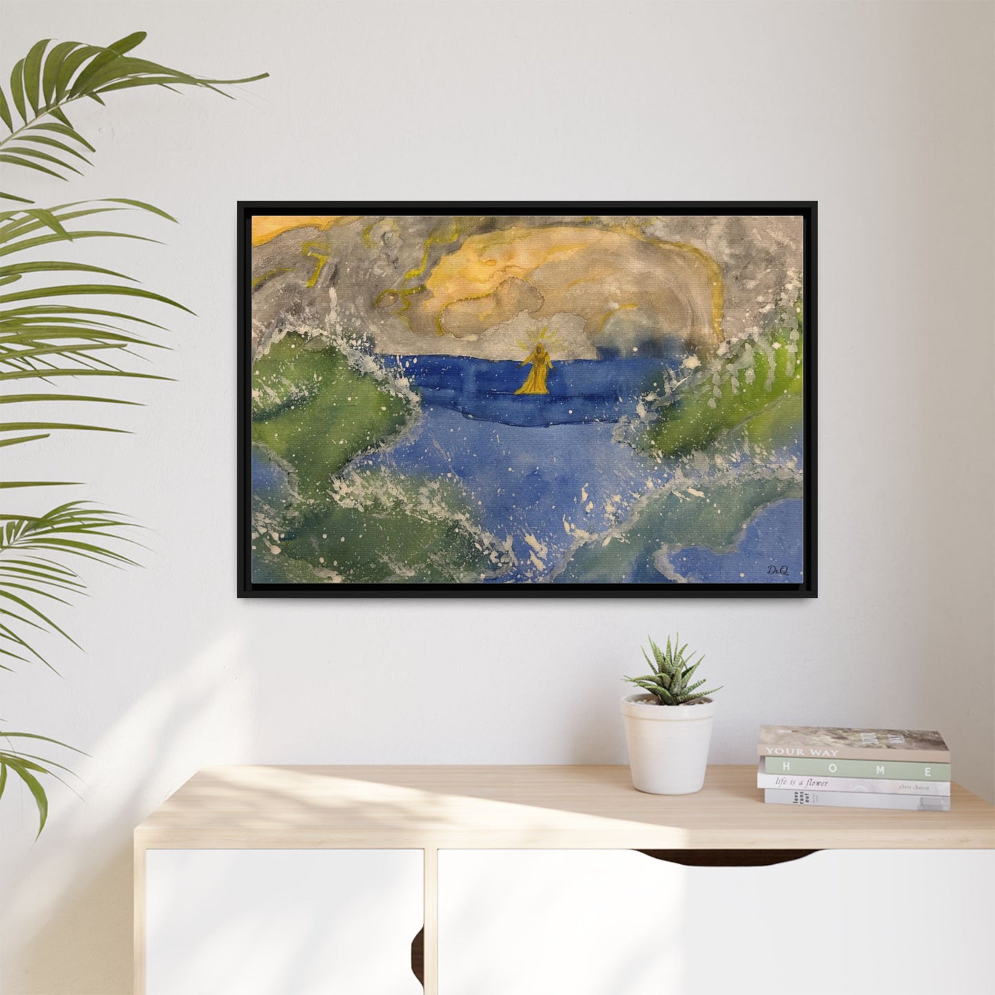 "Faith in the Storm" Framed Matte Canvas Seascape — Golden Sail at Sunset