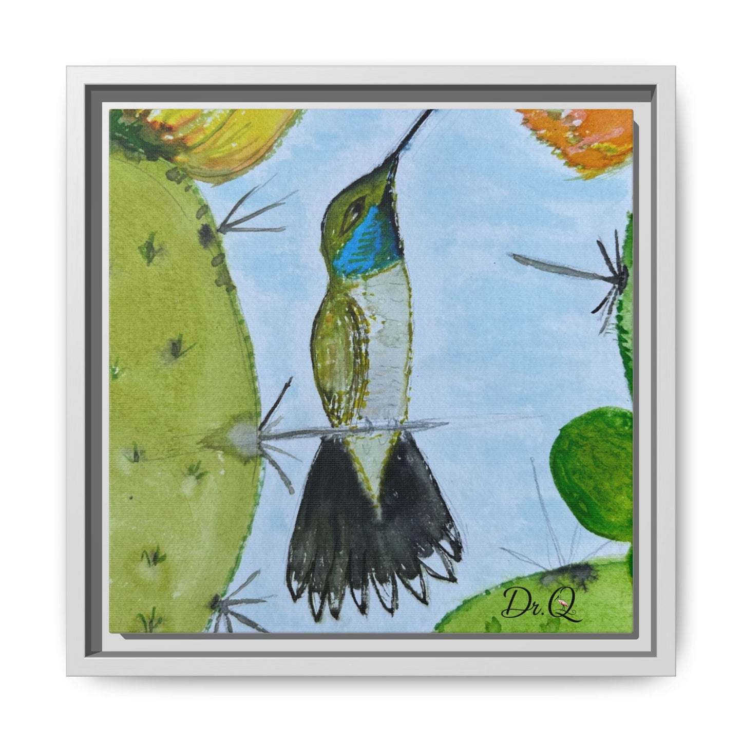 Framed Hummingbird Cactus Watercolor Print on Canvas by Dr. Q — Floral Desert Wall Art