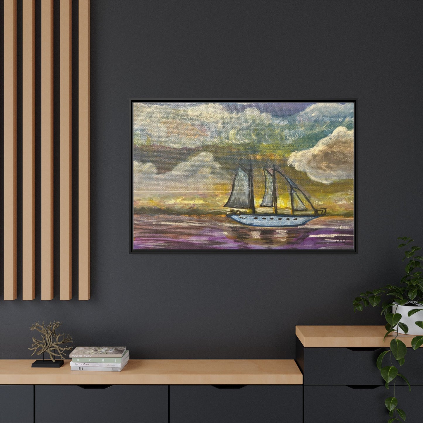Framed Matte Canvas Sailboat Painting — Serene Seascape Wall Art