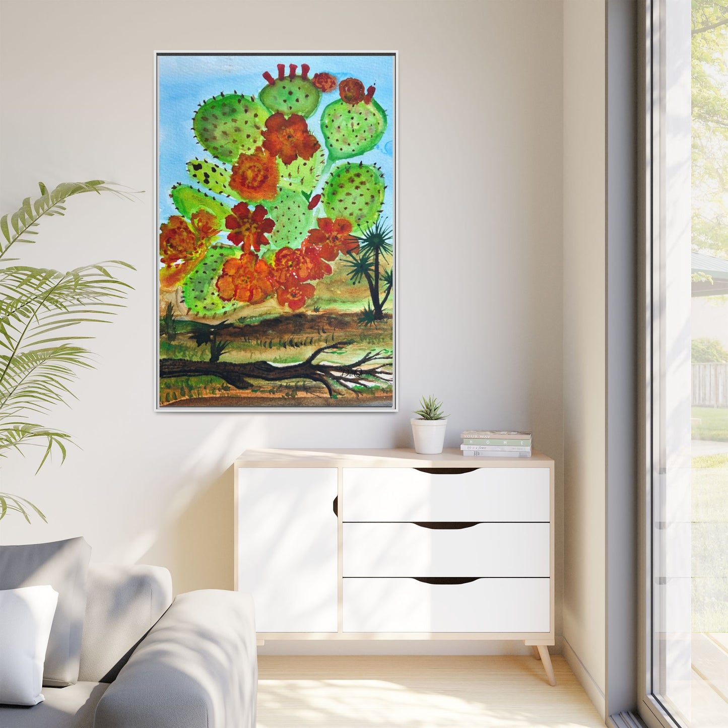 Prickly Pear Cactus Framed Canvas Print — Vertical Botanical Wall Art