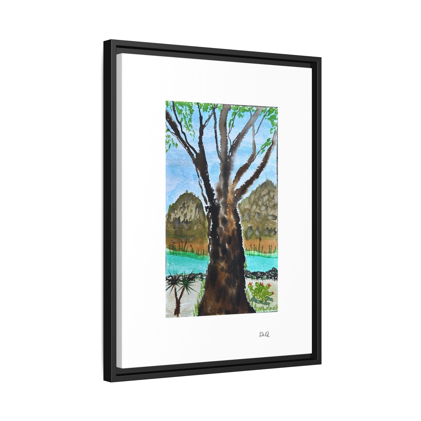 Tranquil Lakeside Tree Watercolor - Framed Matte Canvas Print by Dr. Q