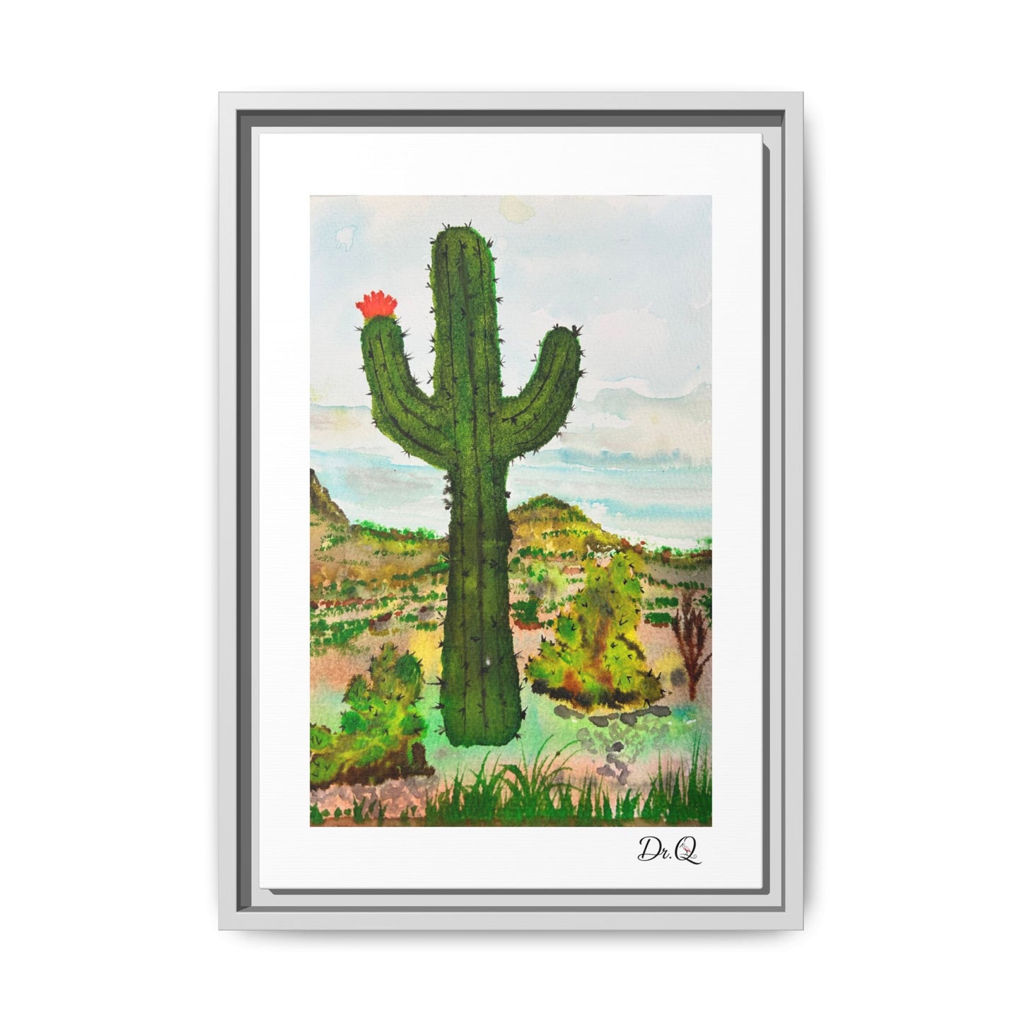 Framed Cactus Canvas Print — Desert Watercolor Wall Art
