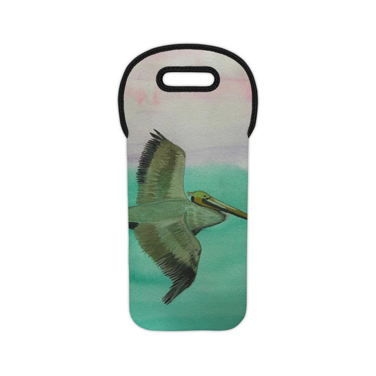 Pelican Flight Wine Tote — Neoprene Bottle Carrier with Coastal Watercolor Design