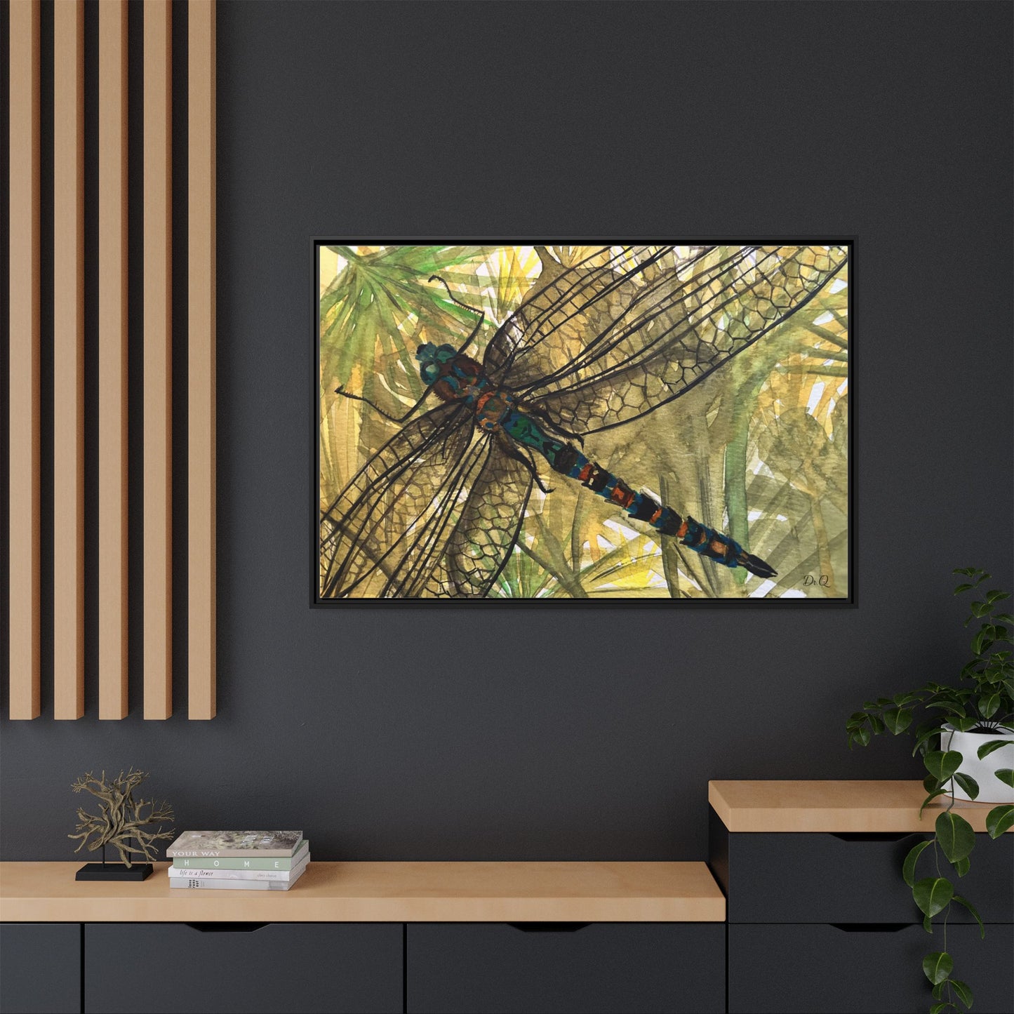 Dragonfly Framed Canvas Art — Botanical Watercolor Wall Decor