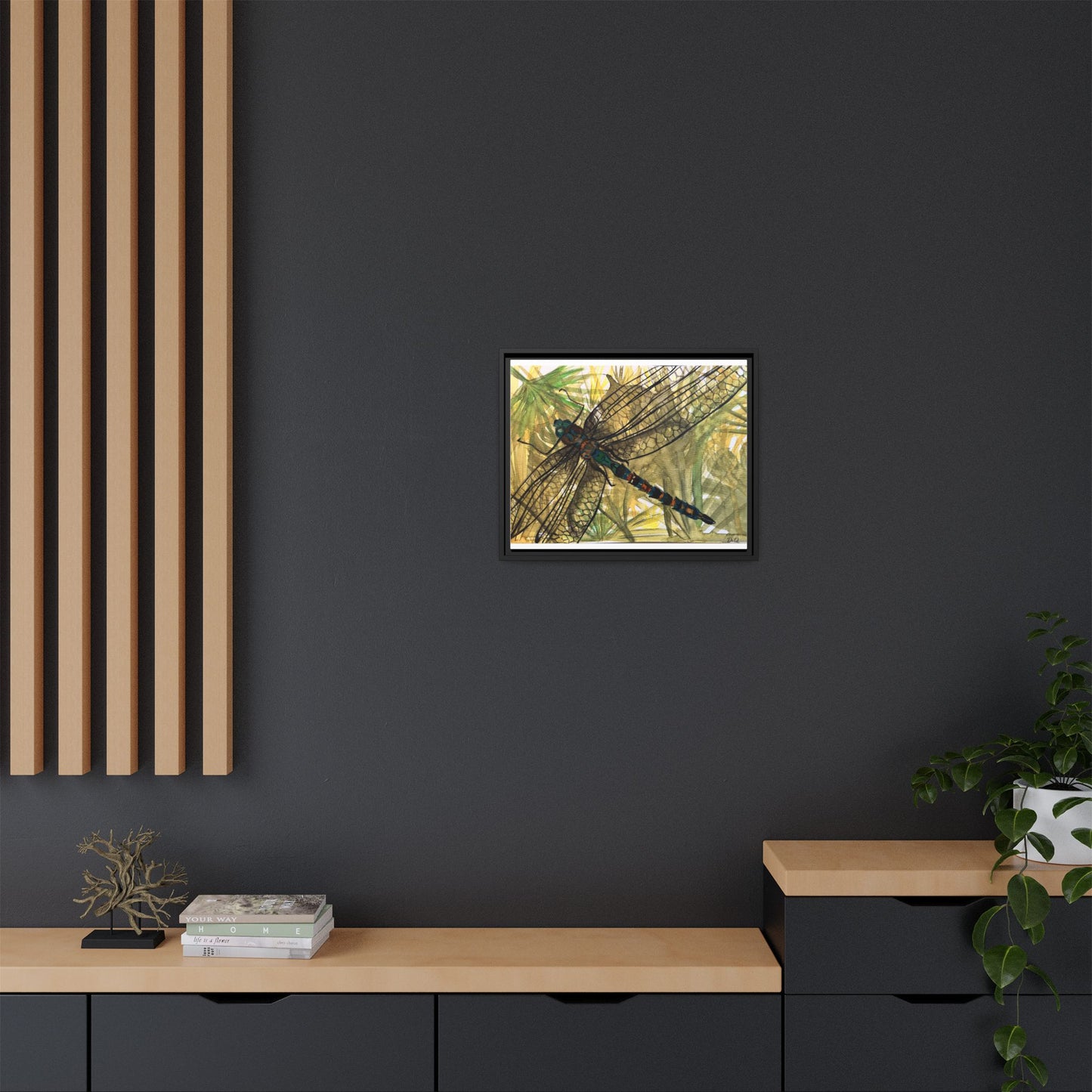 Dragonfly Framed Canvas Art — Botanical Watercolor Wall Decor