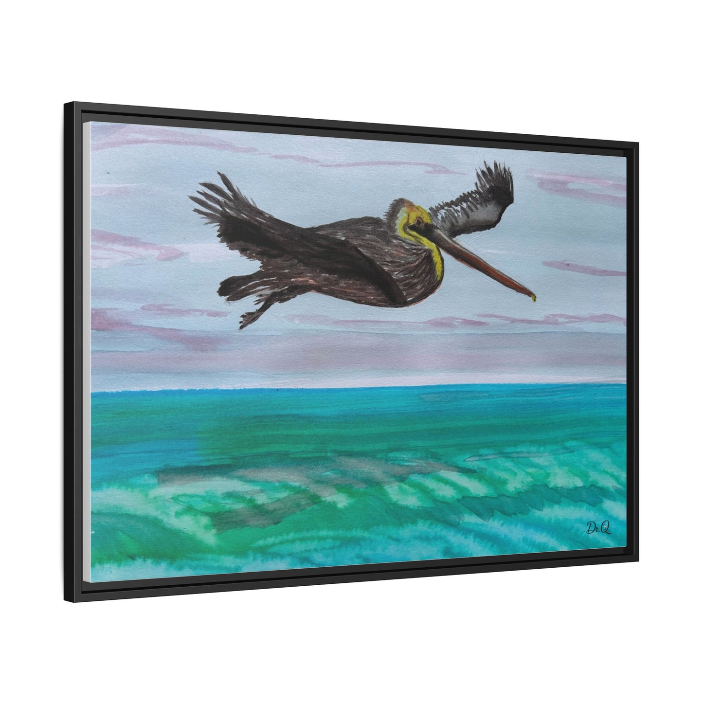 Brown Pelican Over Ocean Matte Framed Canvas Art