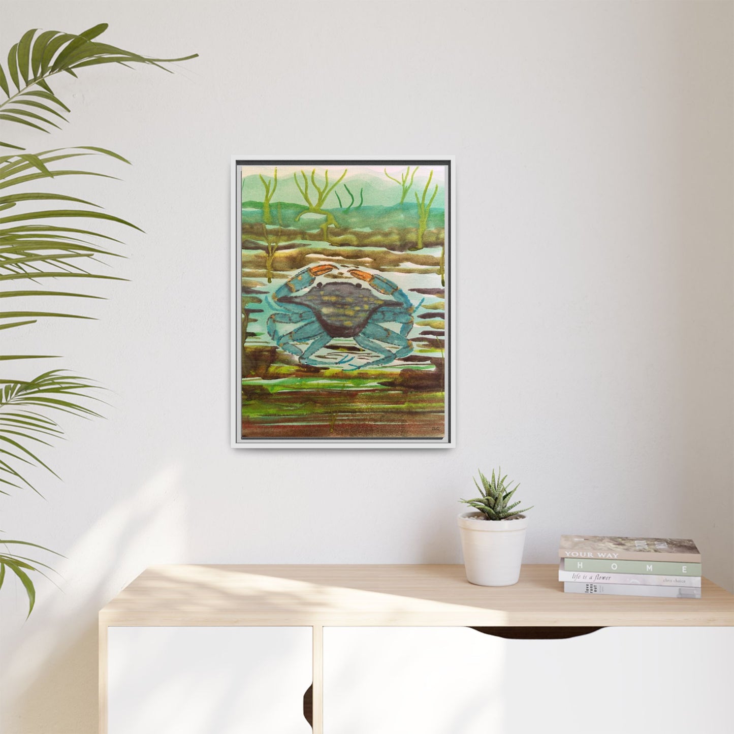 Blue Crab Coastal Art Print — Matte Framed Canvas