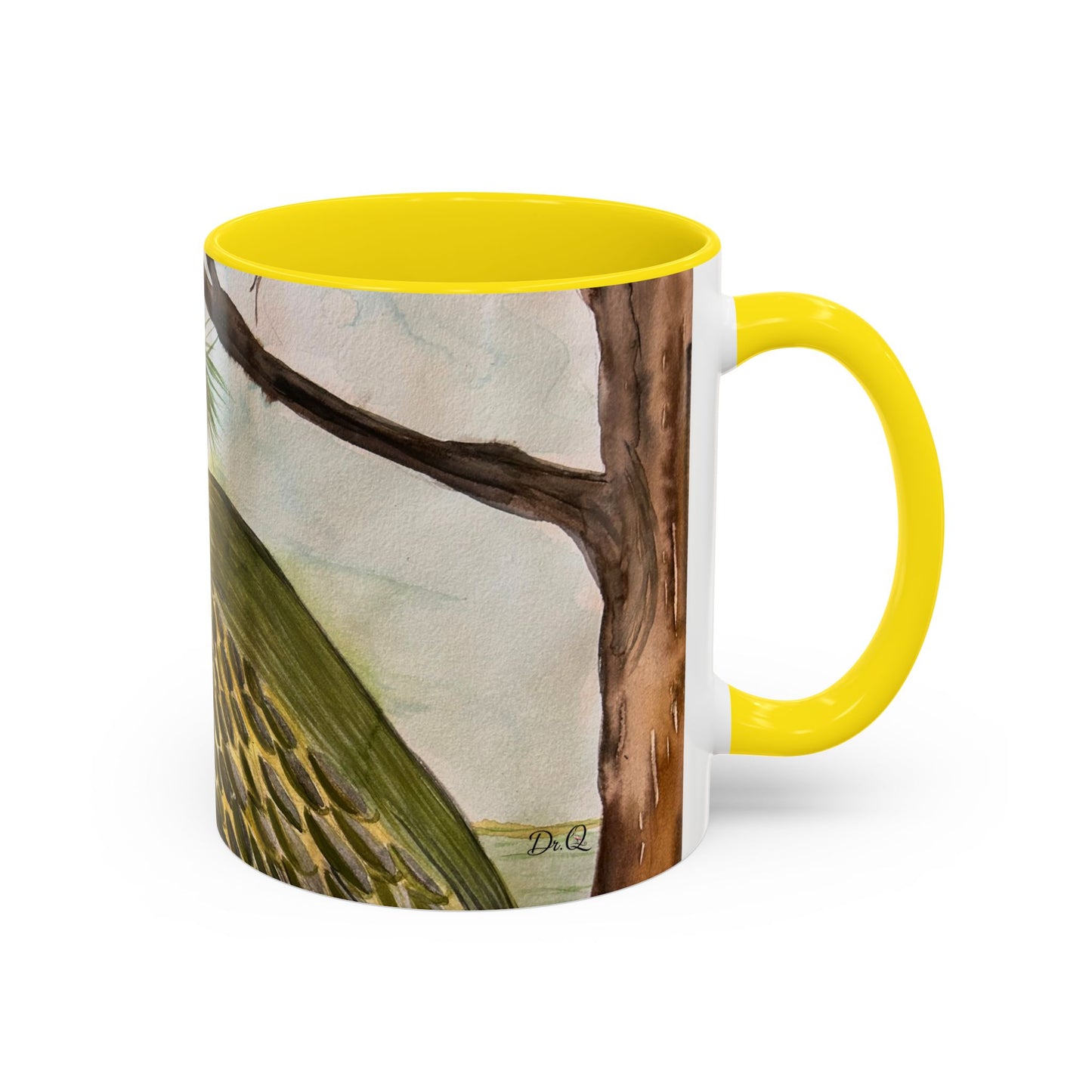 Green Heron Watercolor Accent Coffee Mug — Nature Bird Watercolor (11/15oz)