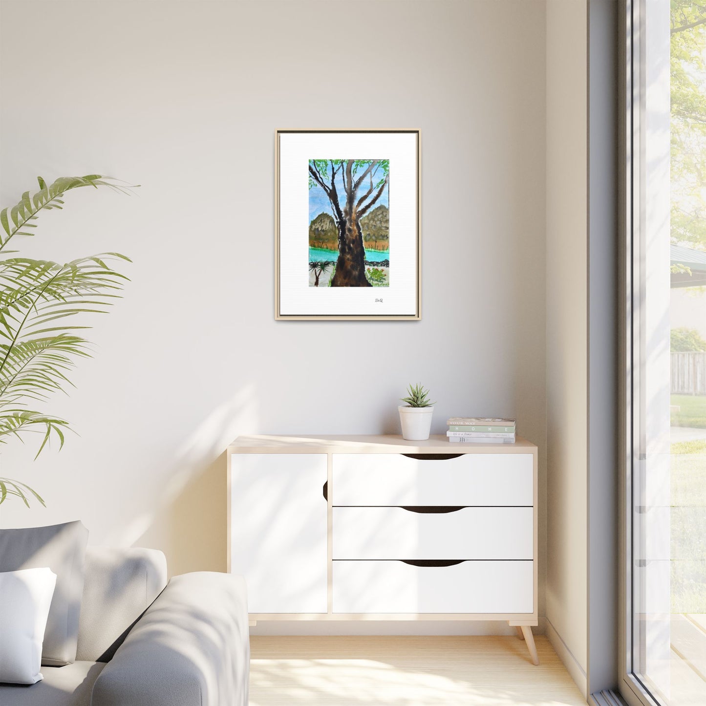 Tranquil Lakeside Tree Watercolor - Framed Matte Canvas Print by Dr. Q