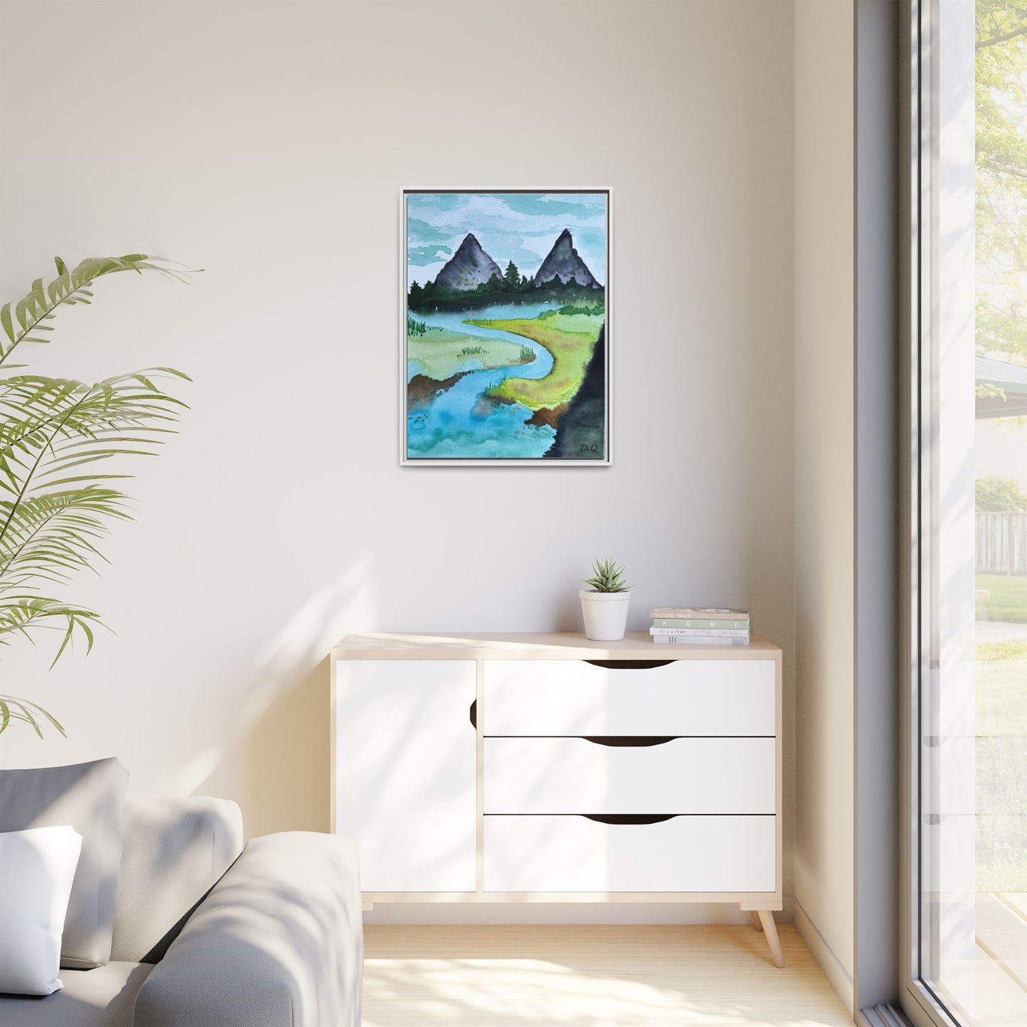 Mountain River Framed Canvas Watercolor Print by Dr. Q