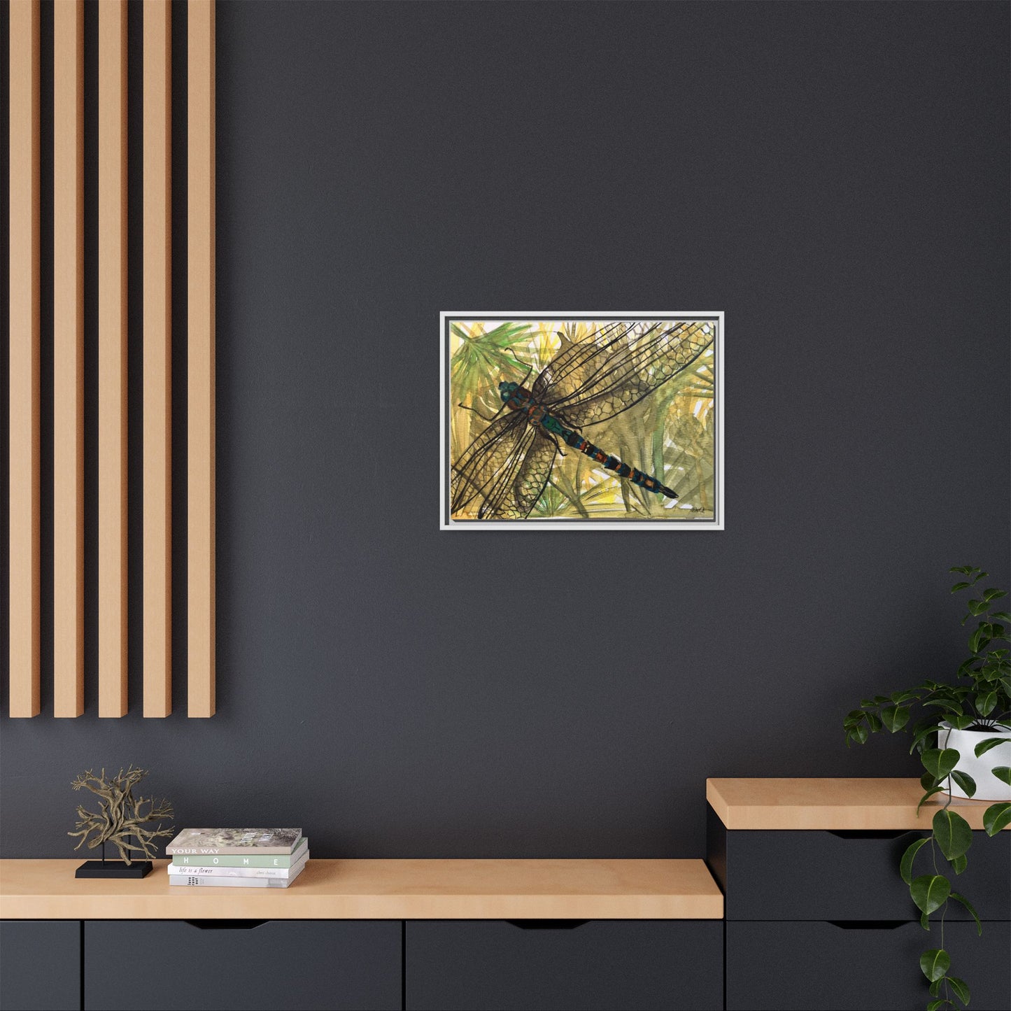 Dragonfly Framed Canvas Art — Botanical Watercolor Wall Decor