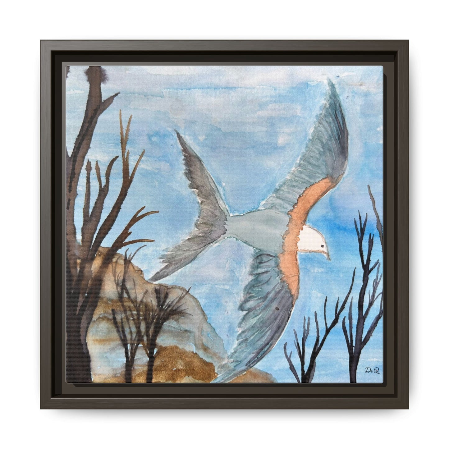 Framed Matte Canvas Wall Art — Soaring Seagull Coastal Print