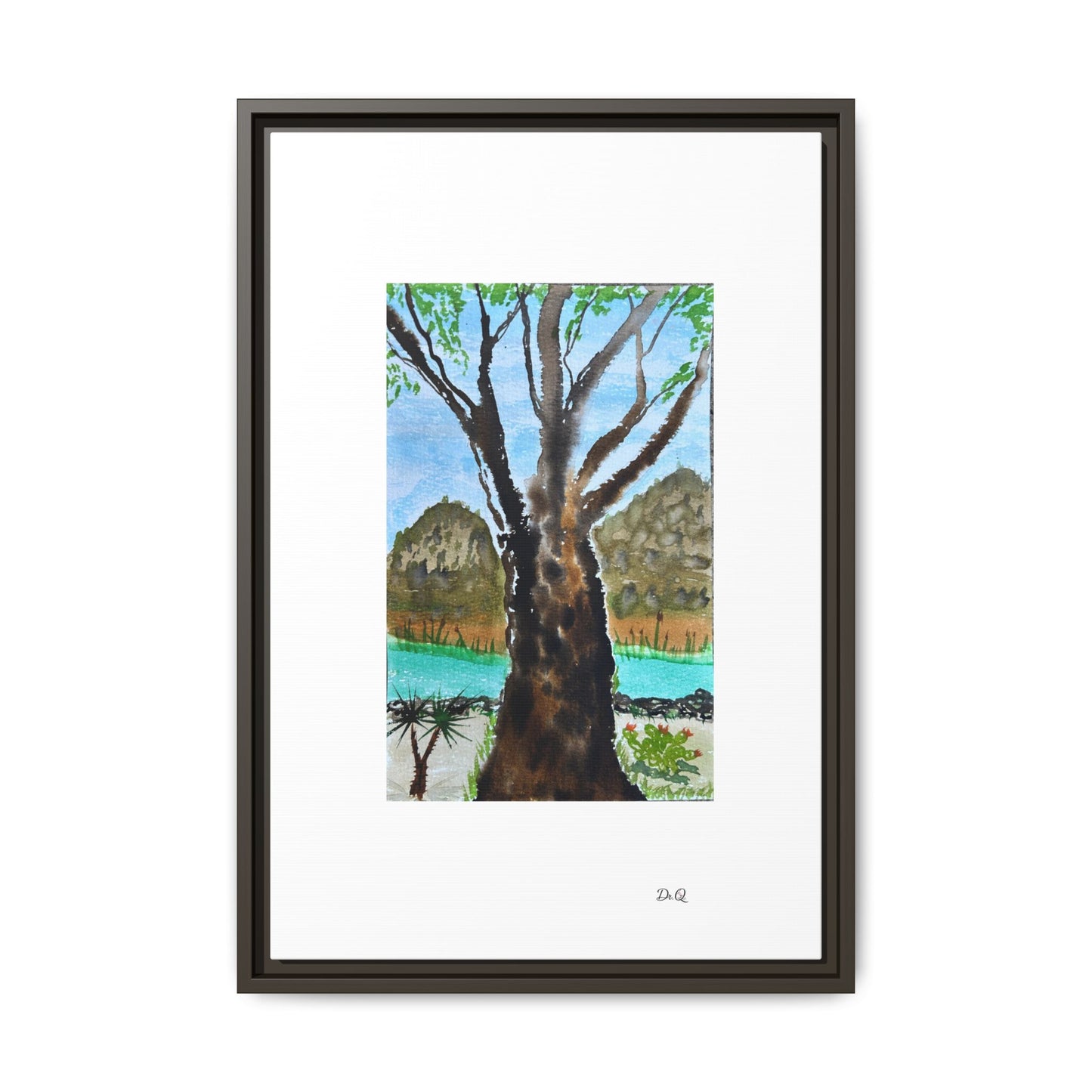 Tranquil Lakeside Tree Watercolor - Framed Matte Canvas Print by Dr. Q