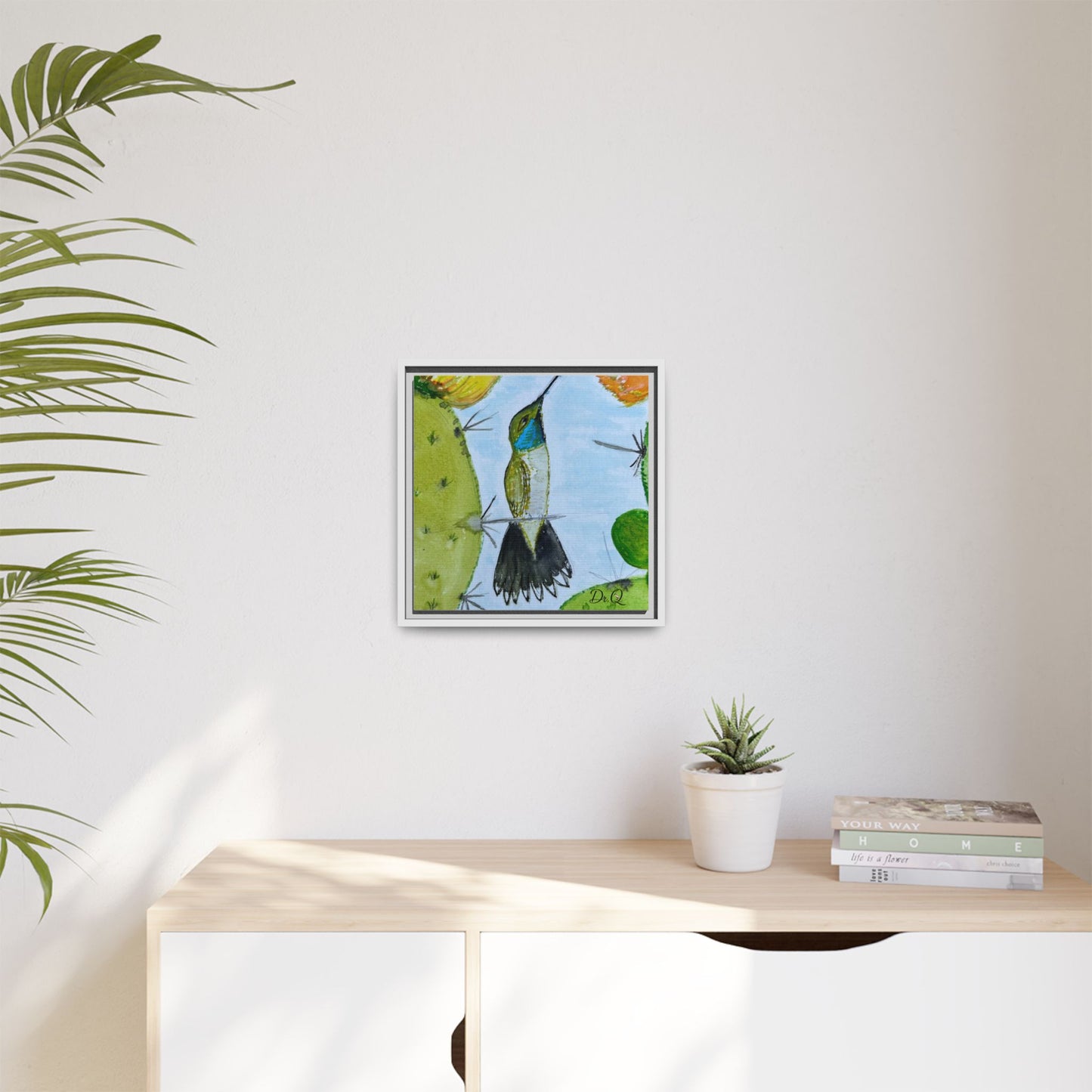 Framed Hummingbird Cactus Watercolor Print on Canvas by Dr. Q — Floral Desert Wall Art