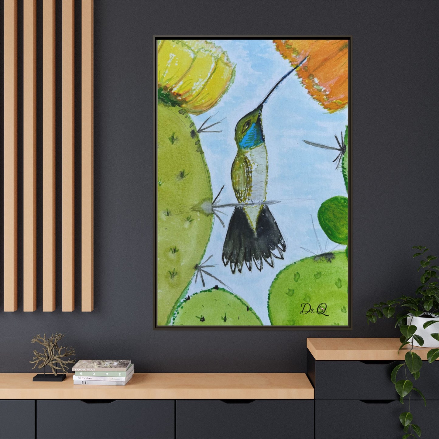 Framed Hummingbird Cactus Watercolor Print on Canvas by Dr. Q — Floral Desert Wall Art