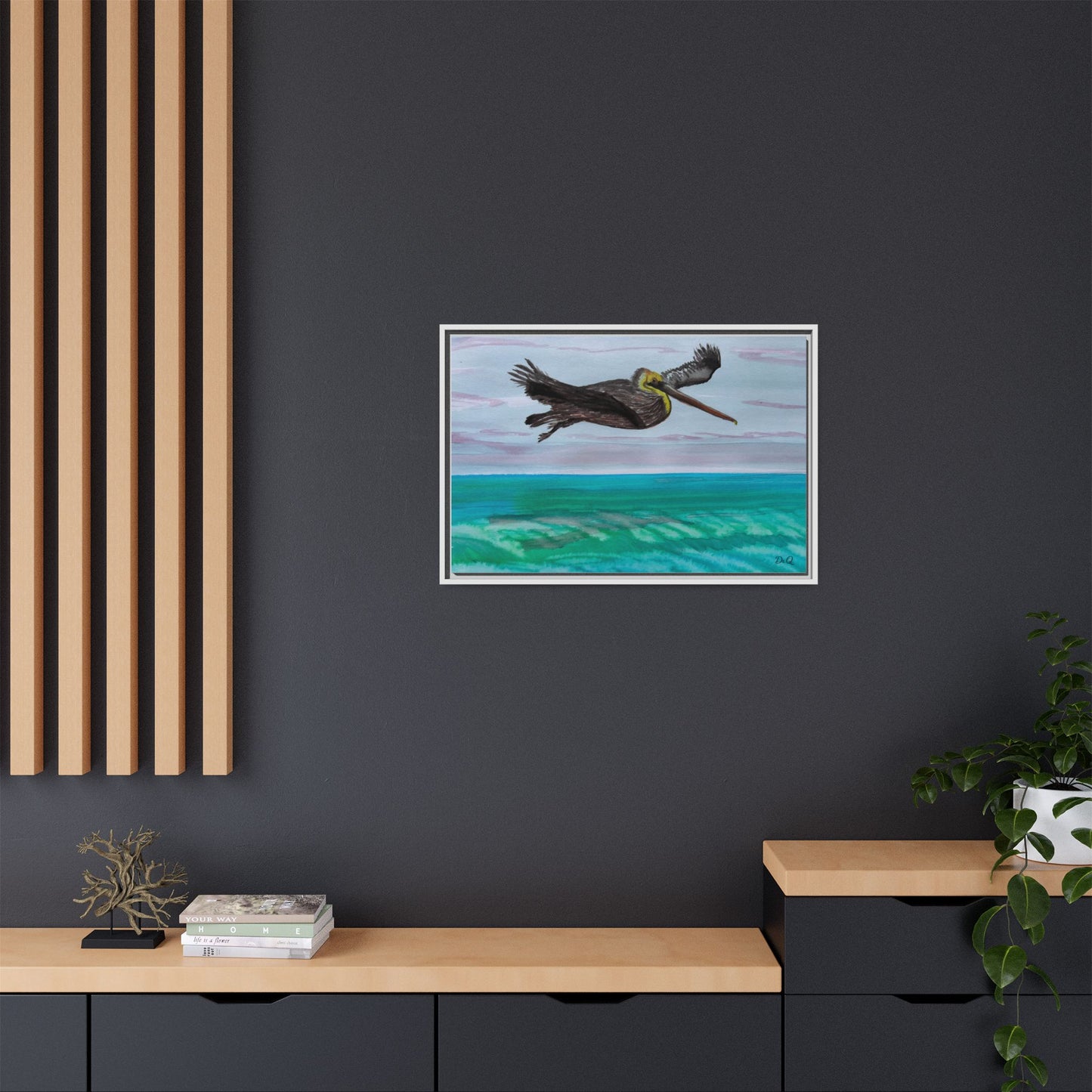Brown Pelican Over Ocean Matte Framed Canvas Art