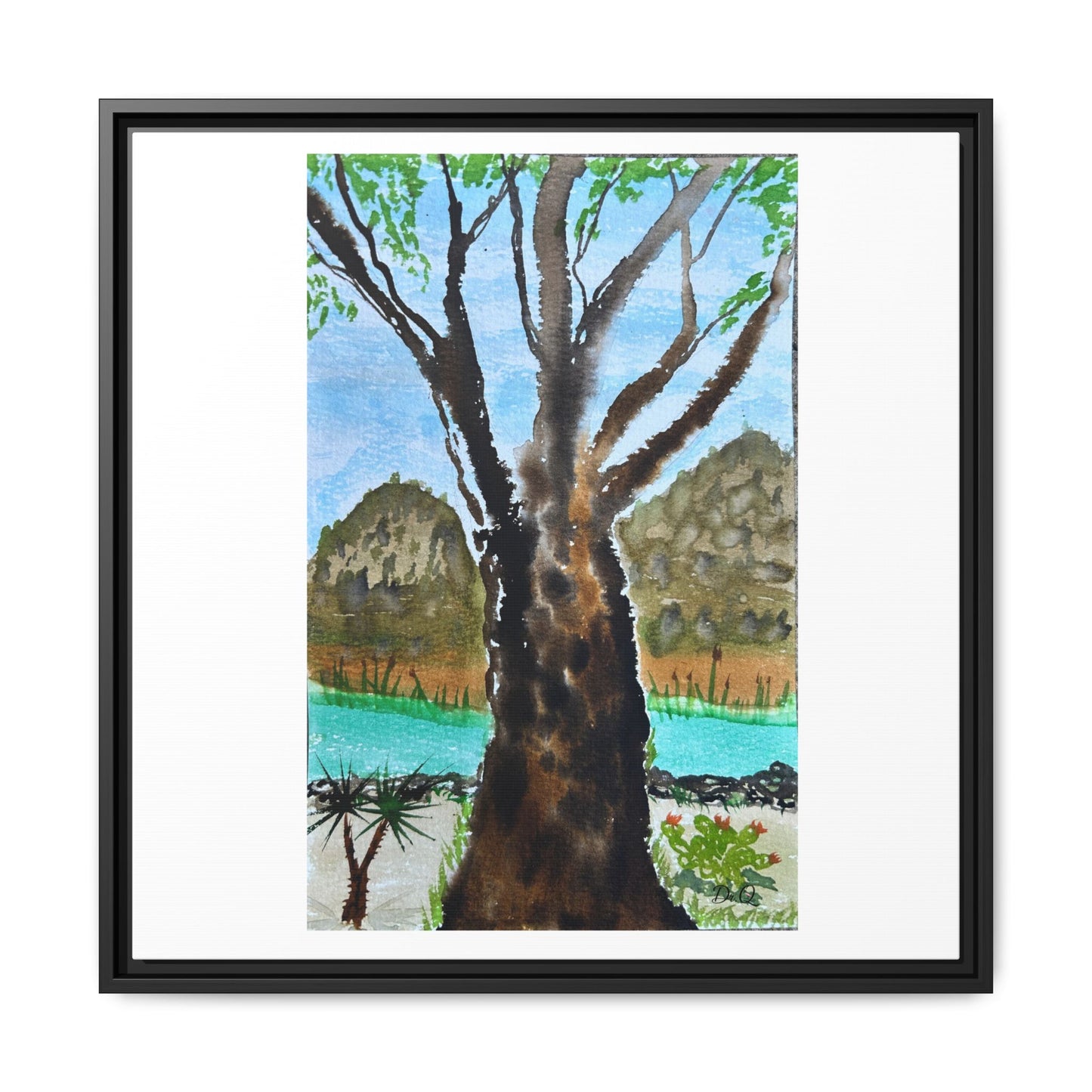 Tranquil Lakeside Tree Watercolor - Framed Matte Canvas Print by Dr. Q