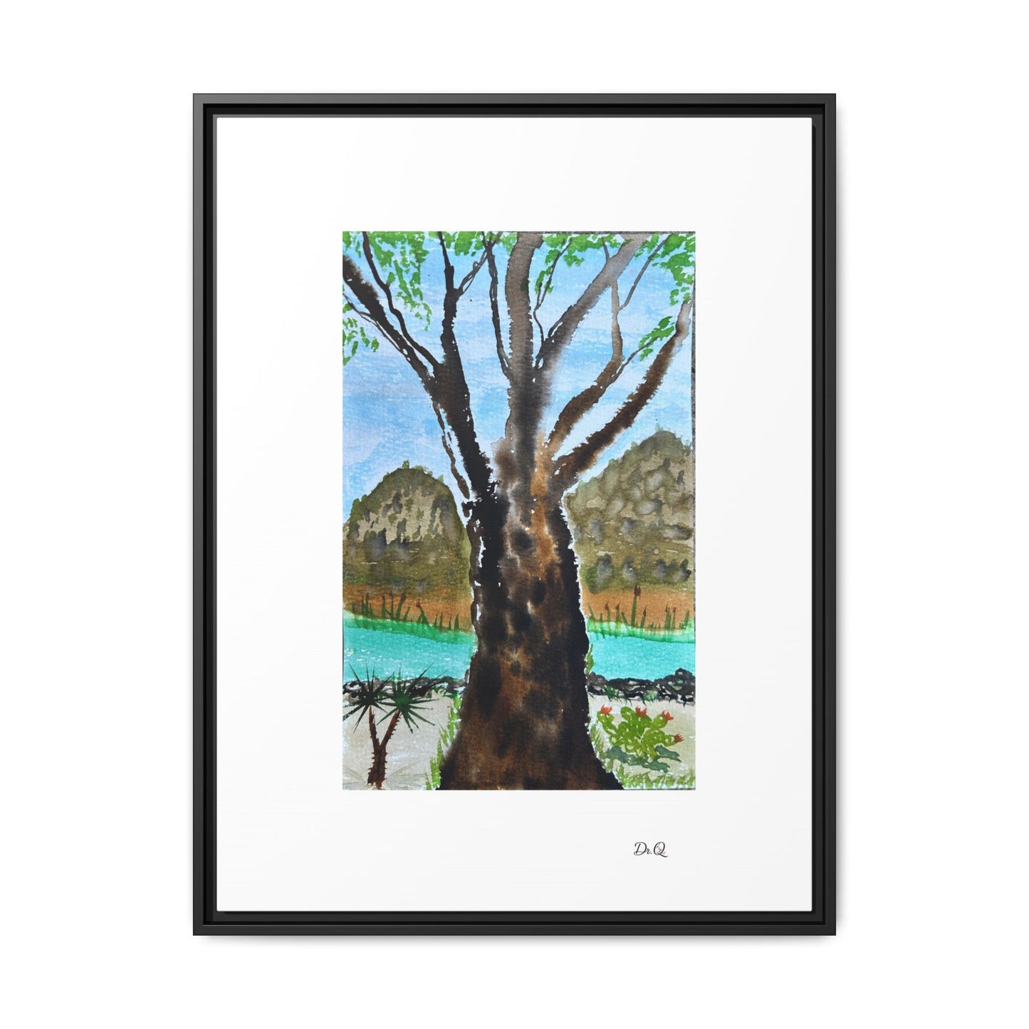 Tranquil Lakeside Tree Watercolor - Framed Matte Canvas Print by Dr. Q