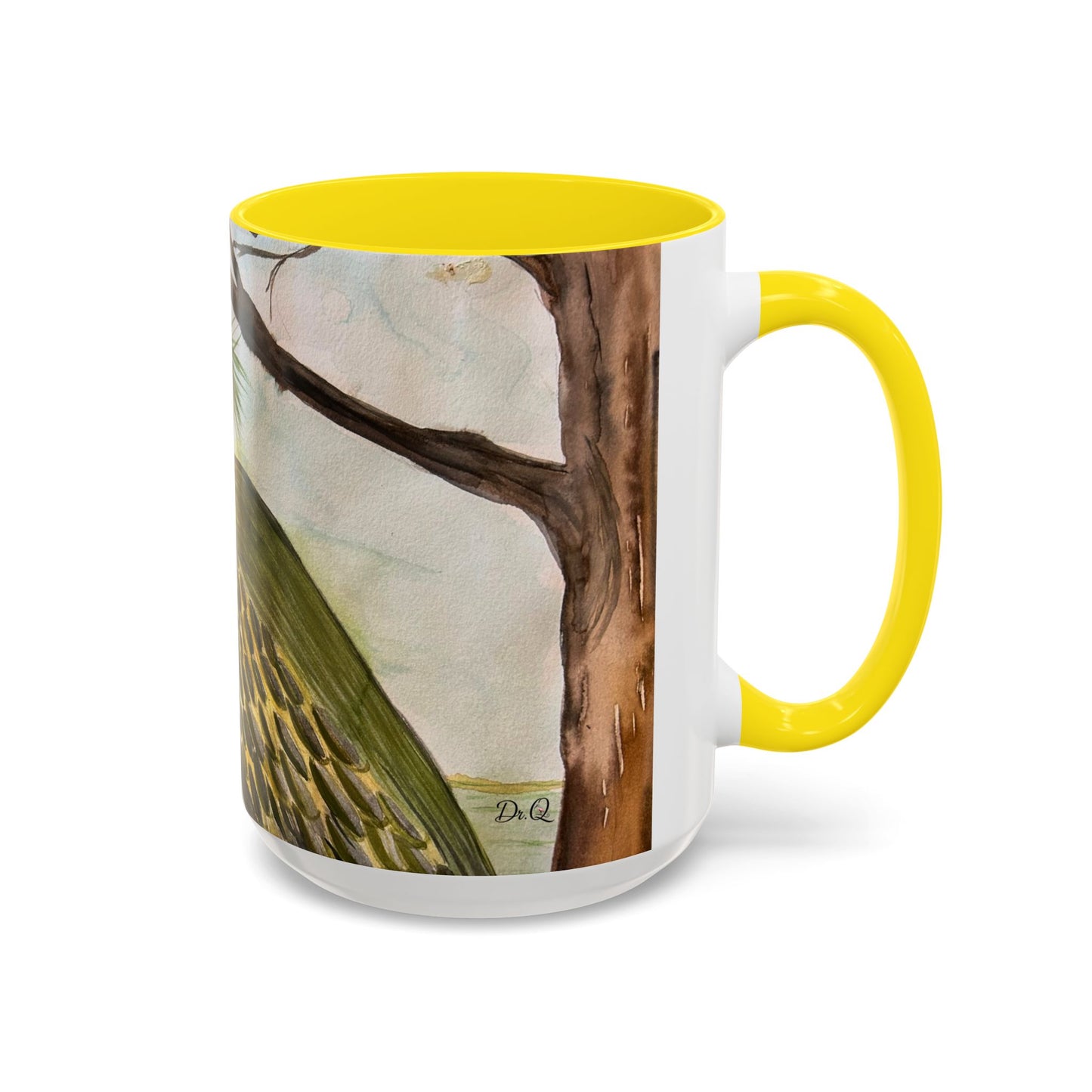 Green Heron Watercolor Accent Coffee Mug — Nature Bird Watercolor (11/15oz)