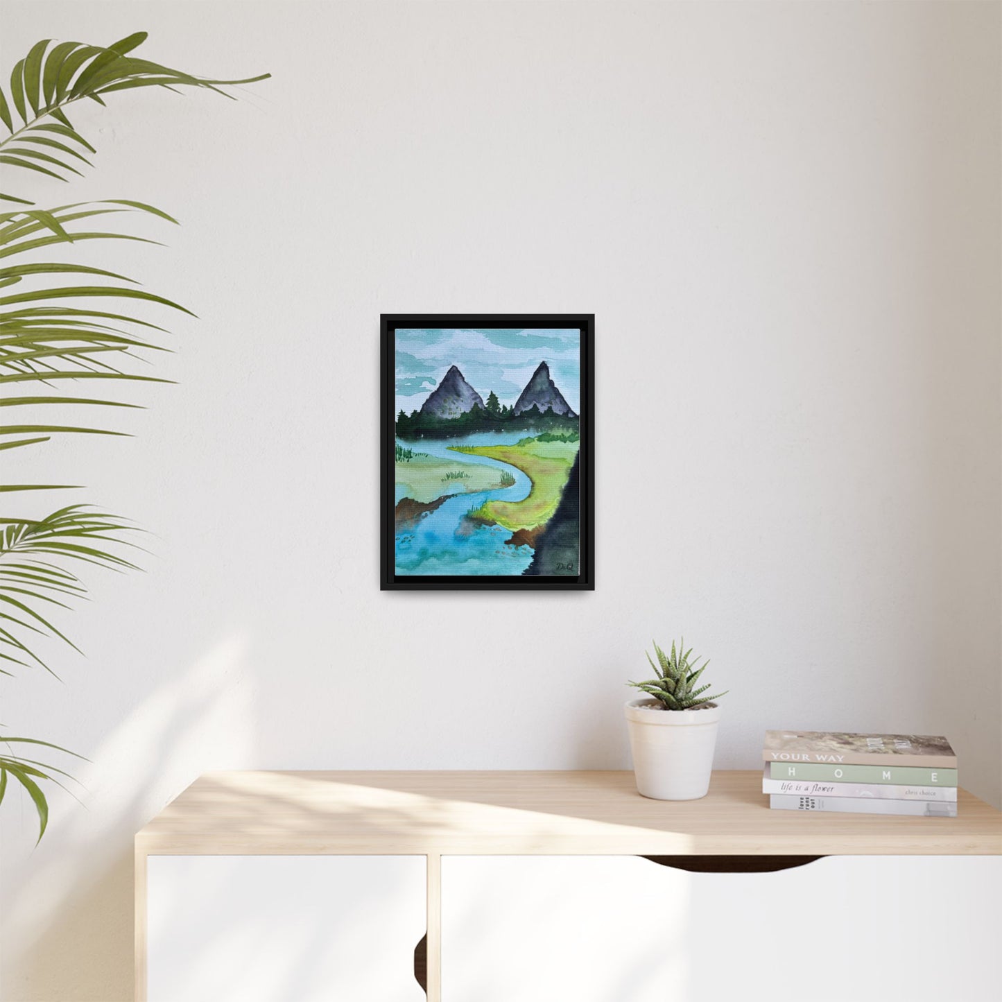 Mountain River Framed Canvas Watercolor Print by Dr. Q