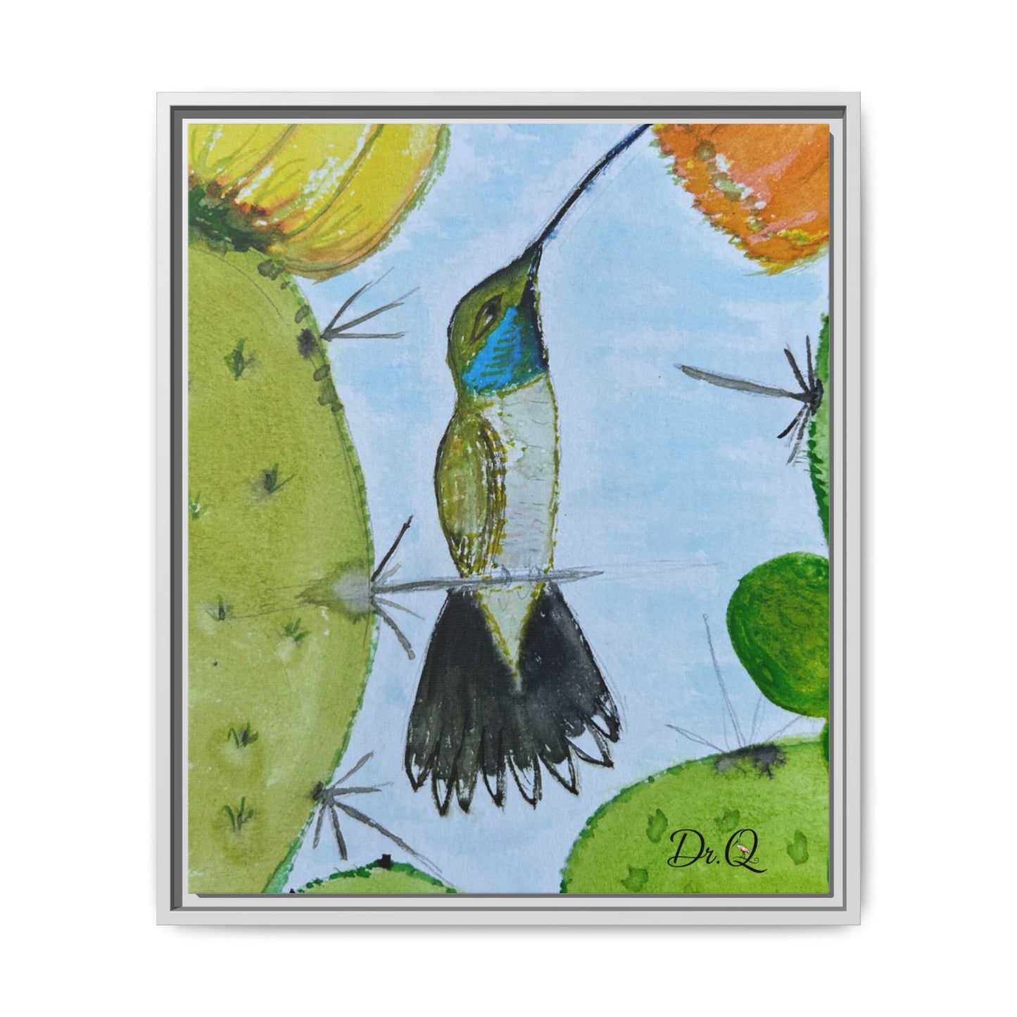Framed Hummingbird Cactus Watercolor Print on Canvas by Dr. Q — Floral Desert Wall Art