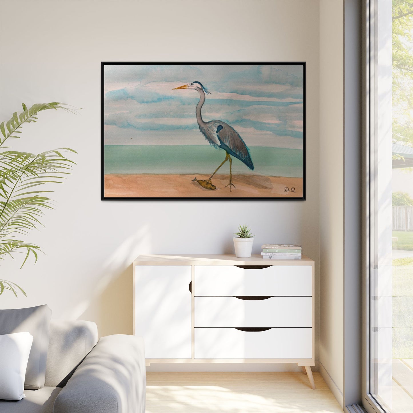 Framed Heron Beach Matte Canvas — Coastal Watercolor Wall Art