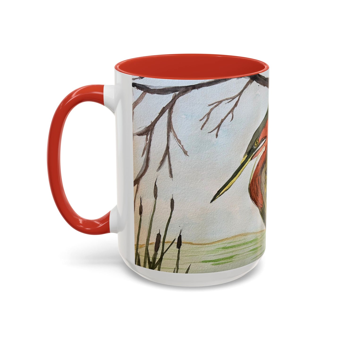 Green Heron Watercolor Accent Coffee Mug — Nature Bird Watercolor (11/15oz)