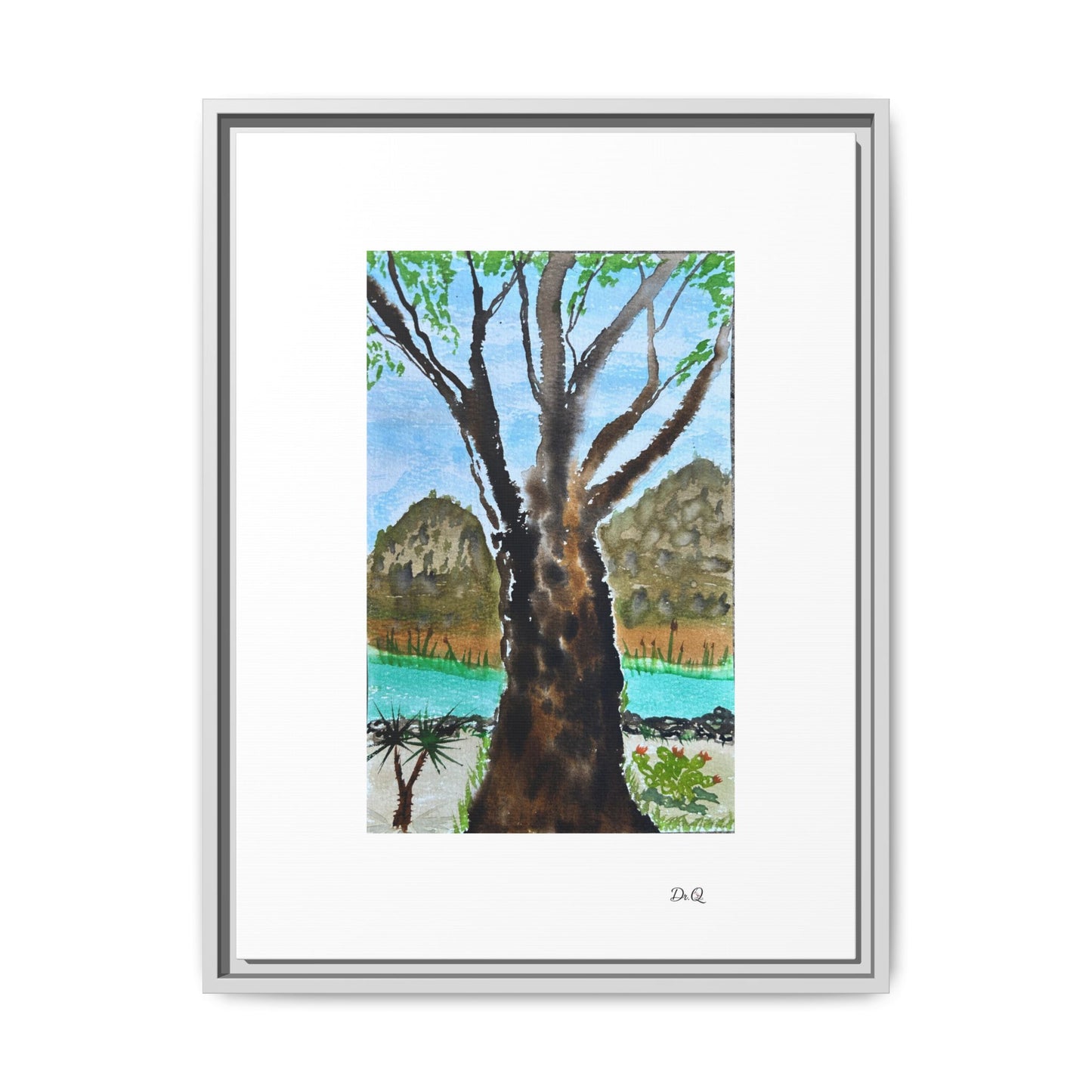 Tranquil Lakeside Tree Watercolor - Framed Matte Canvas Print by Dr. Q