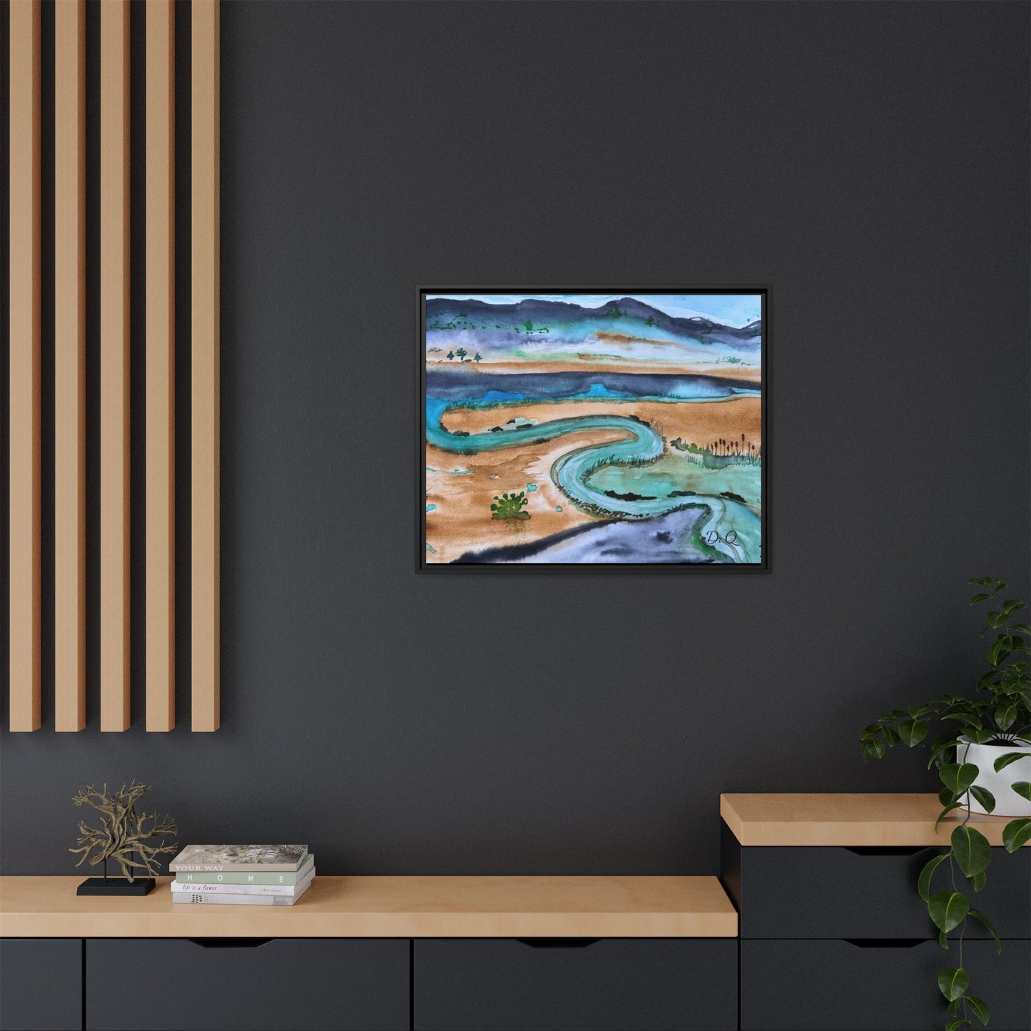 Winding River by Dr. Q - Framed Matte Canvas Watercolor Wall Art