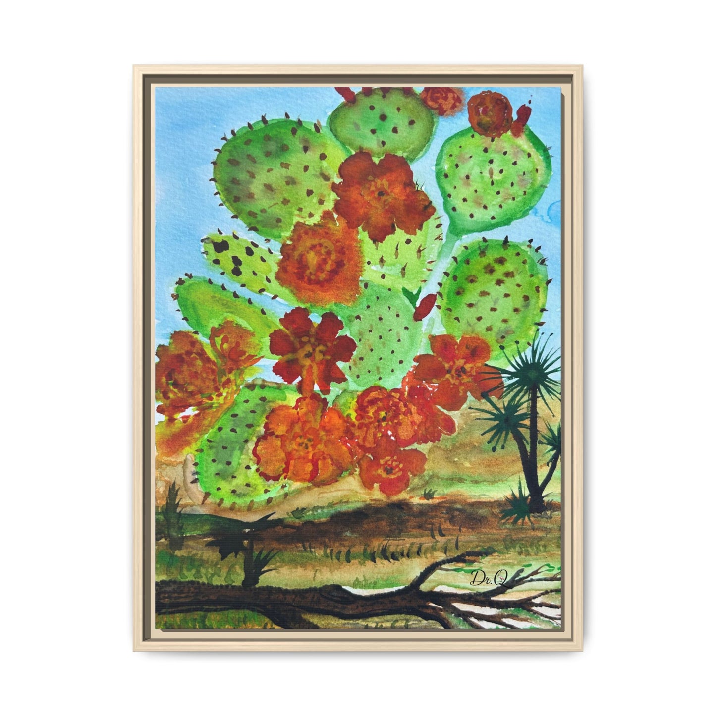 Prickly Pear Cactus Framed Canvas Print — Vertical Botanical Wall Art