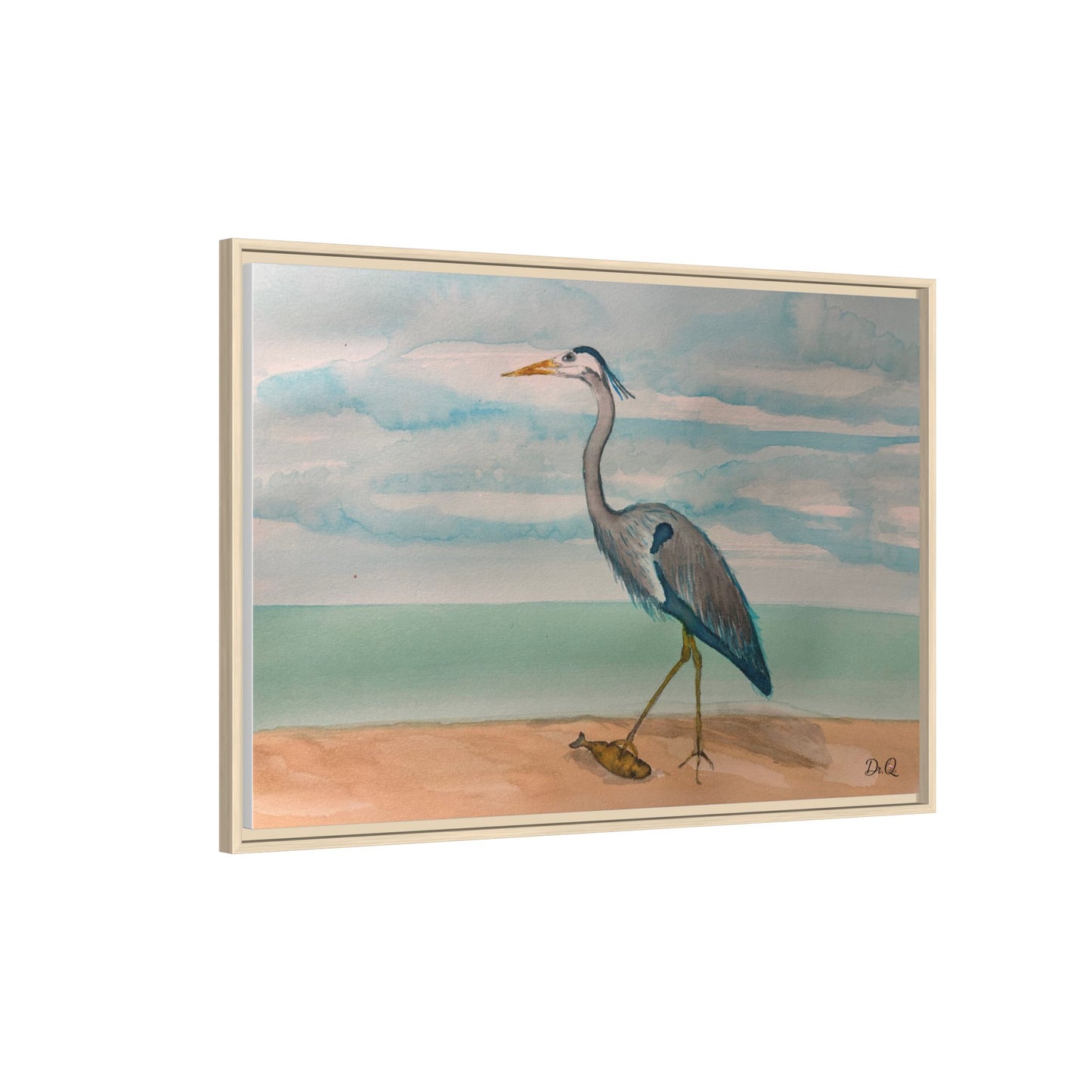 Framed Heron Beach Matte Canvas — Coastal Watercolor Wall Art