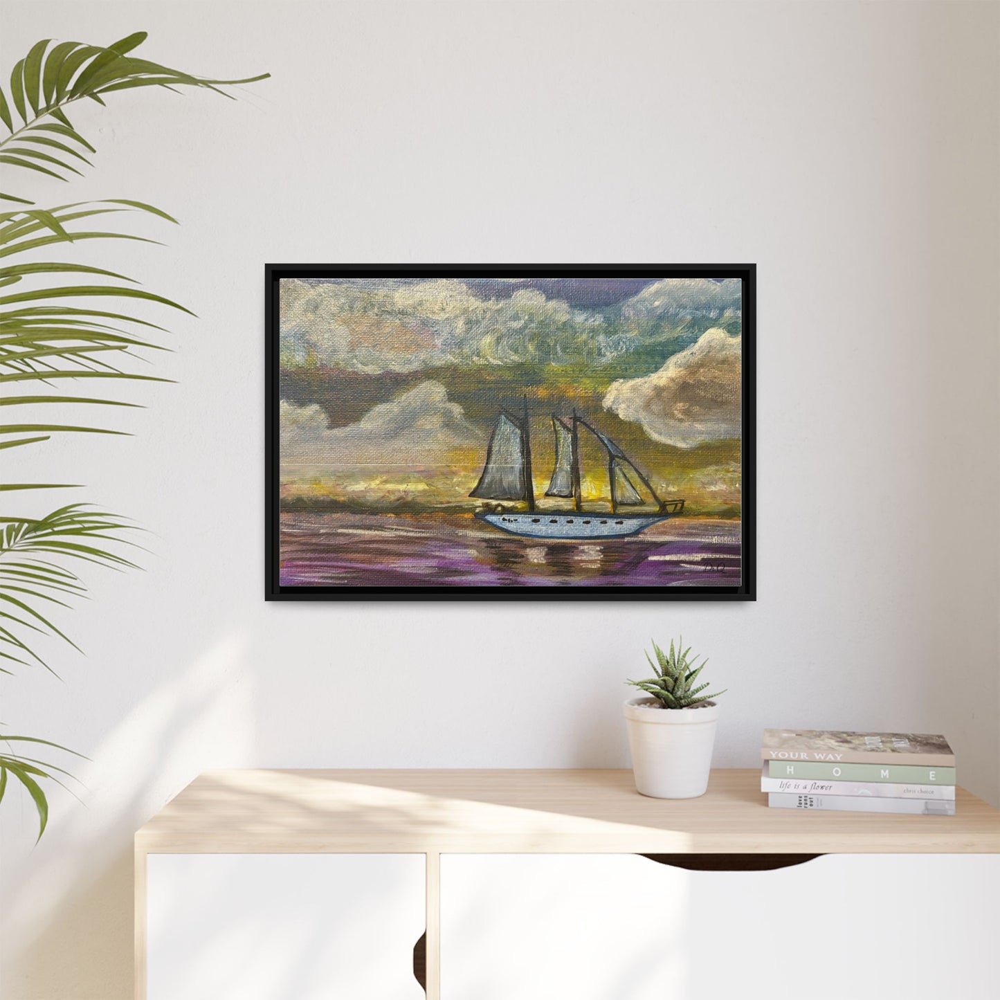 Framed Matte Canvas Sailboat Painting — Serene Seascape Wall Art
