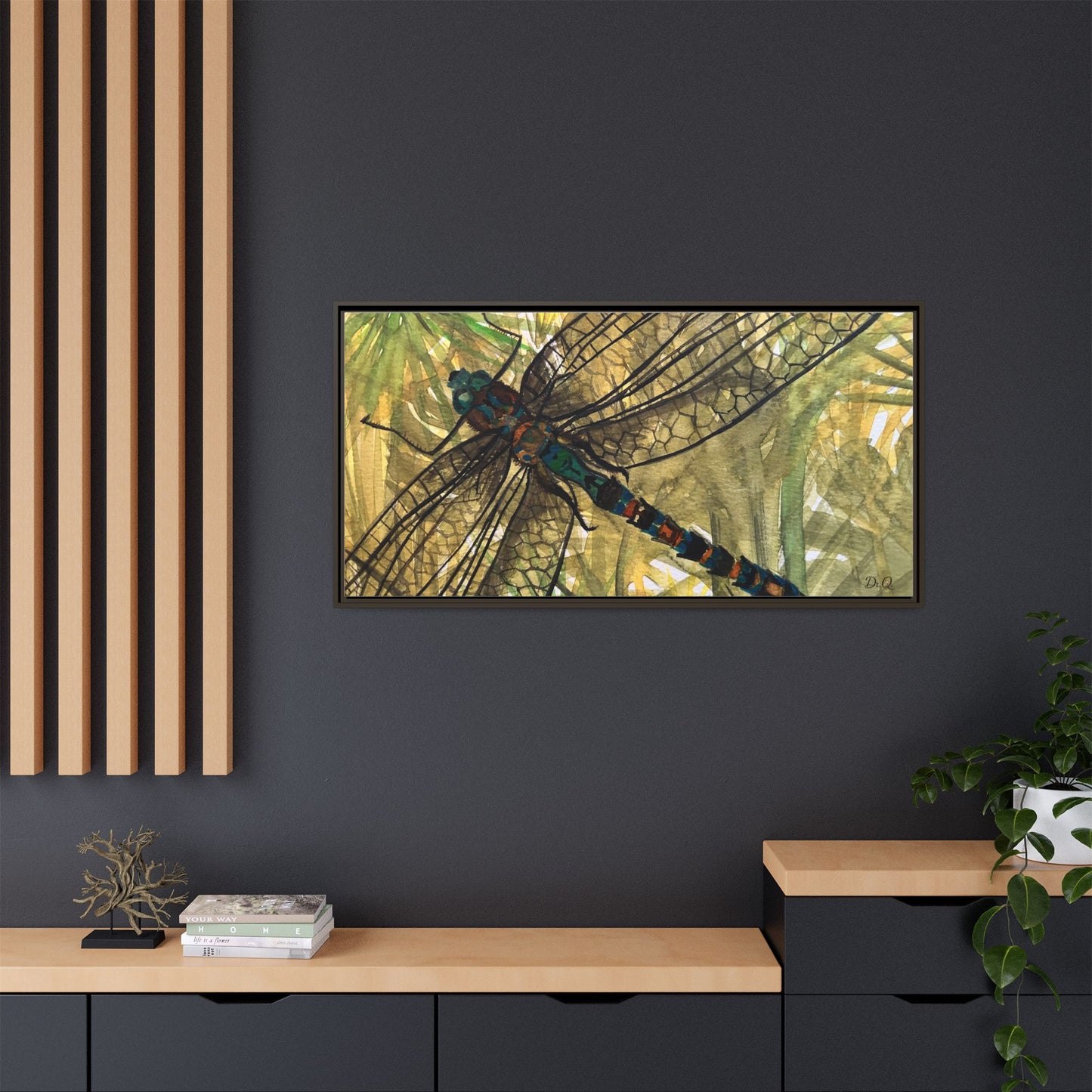 Dragonfly Framed Canvas Art — Botanical Watercolor Wall Decor