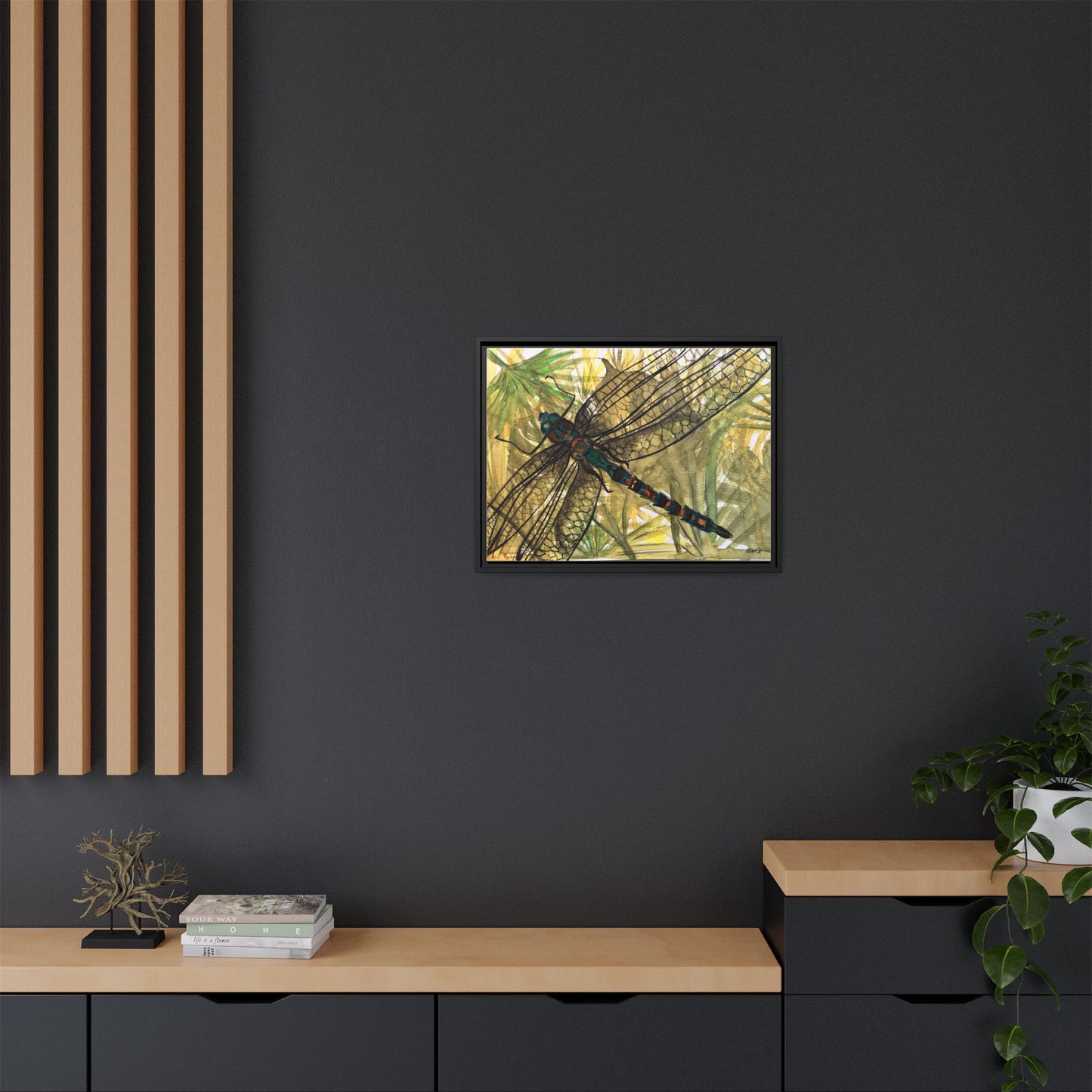 Dragonfly Framed Canvas Art — Botanical Watercolor Wall Decor