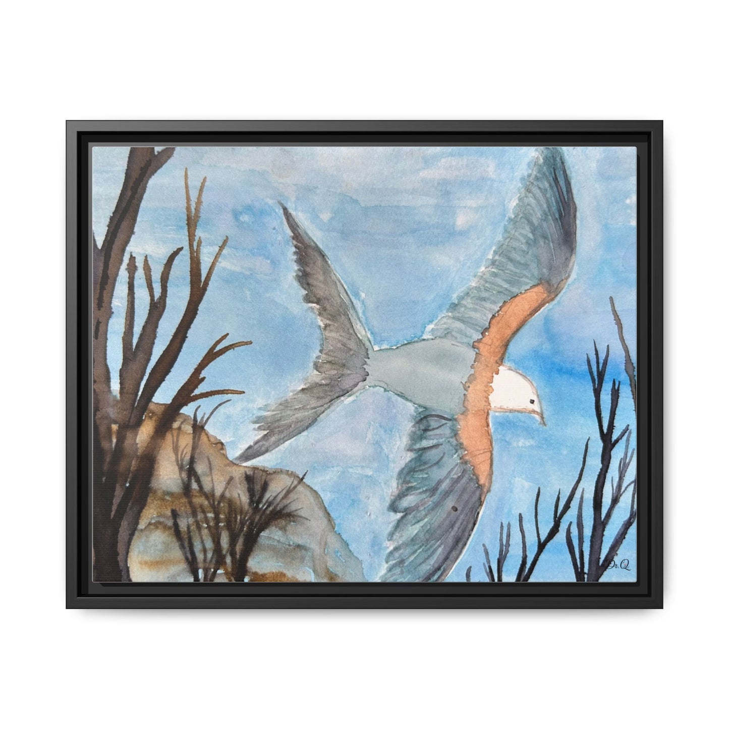 Framed Matte Canvas Wall Art — Soaring Seagull Coastal Print
