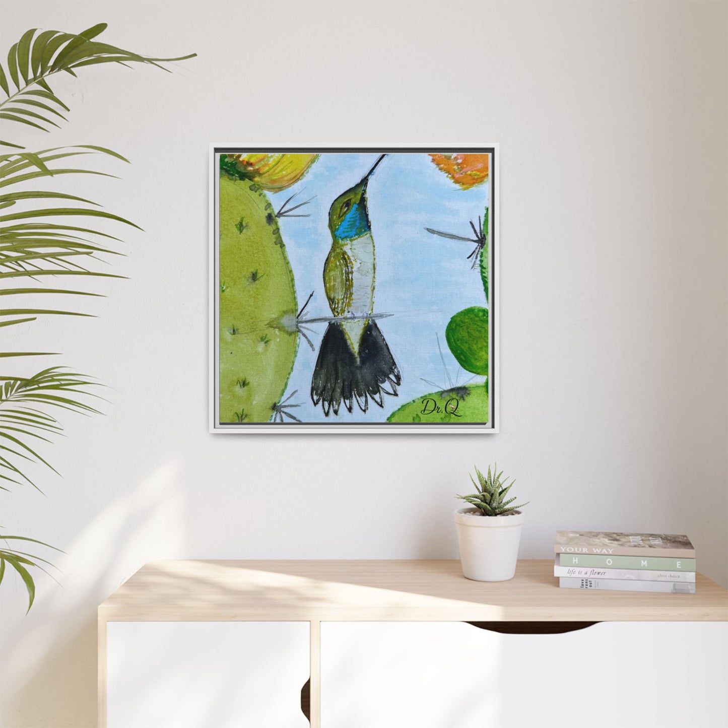 Framed Hummingbird Cactus Watercolor Print on Canvas by Dr. Q — Floral Desert Wall Art