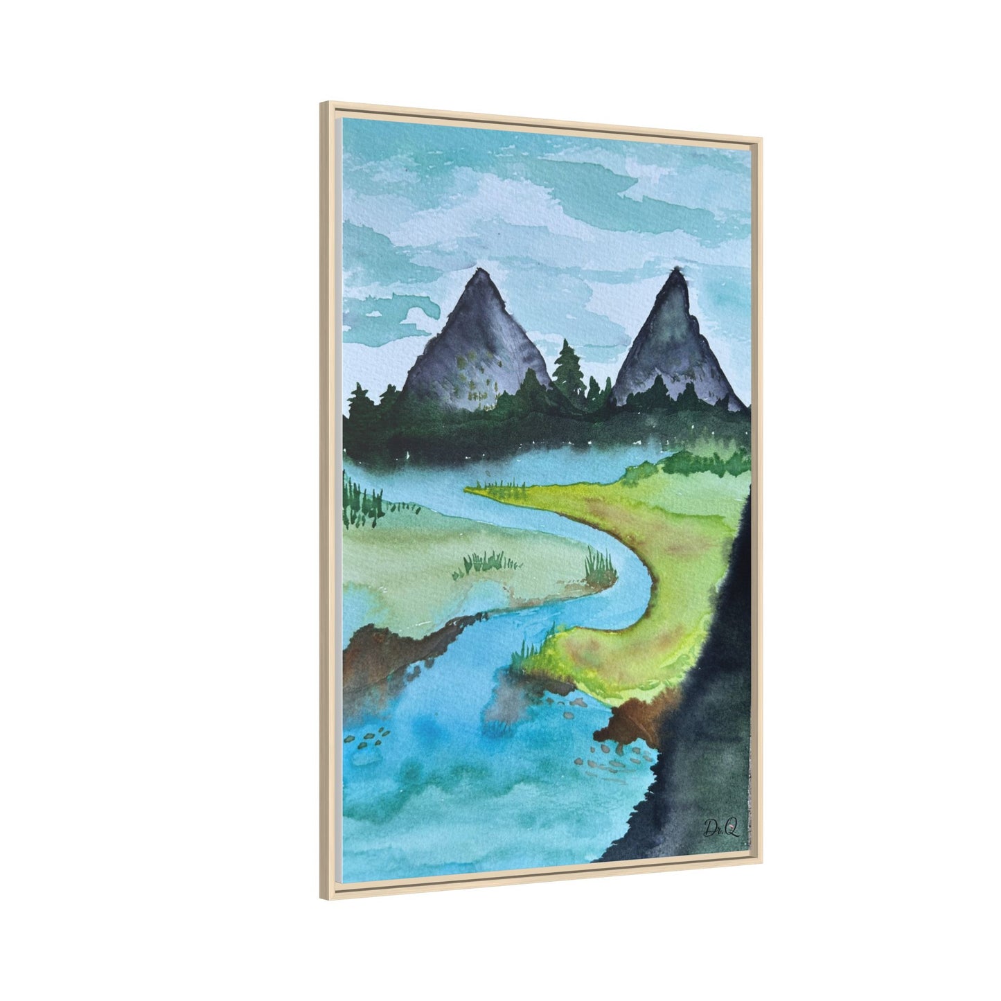 Mountain River Framed Canvas Watercolor Print by Dr. Q