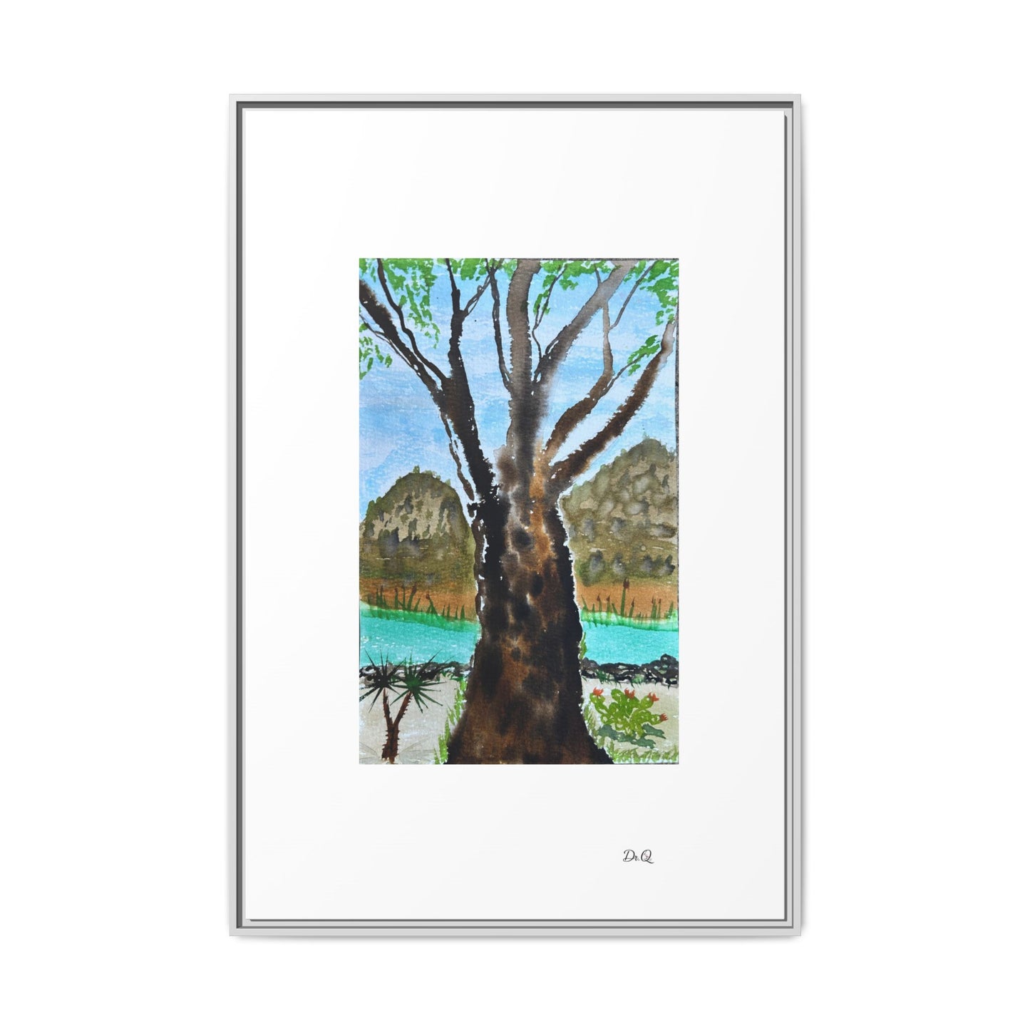 Tranquil Lakeside Tree Watercolor - Framed Matte Canvas Print by Dr. Q