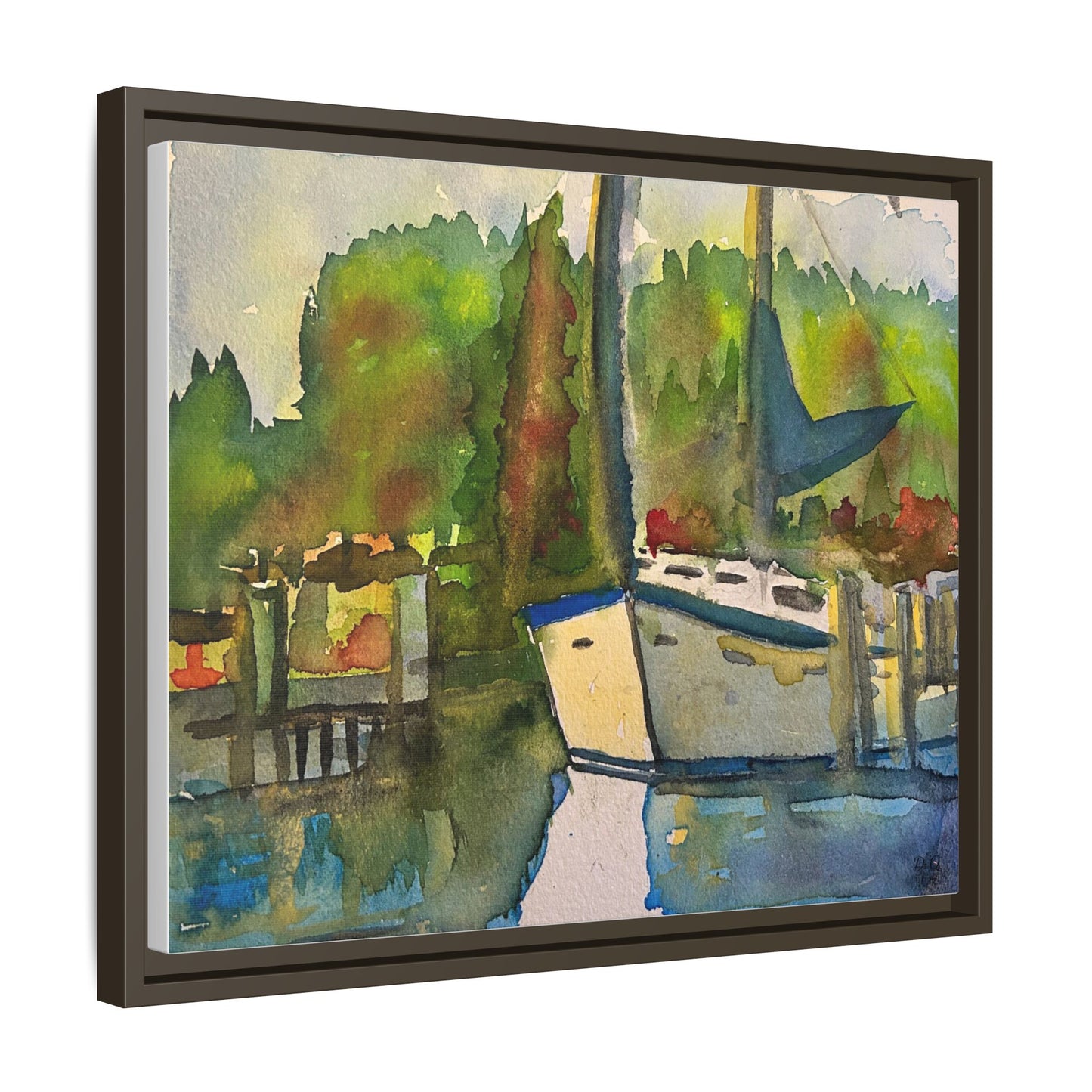 Sailboat Harbor Watercolor — Framed Matte Canvas Wall Art