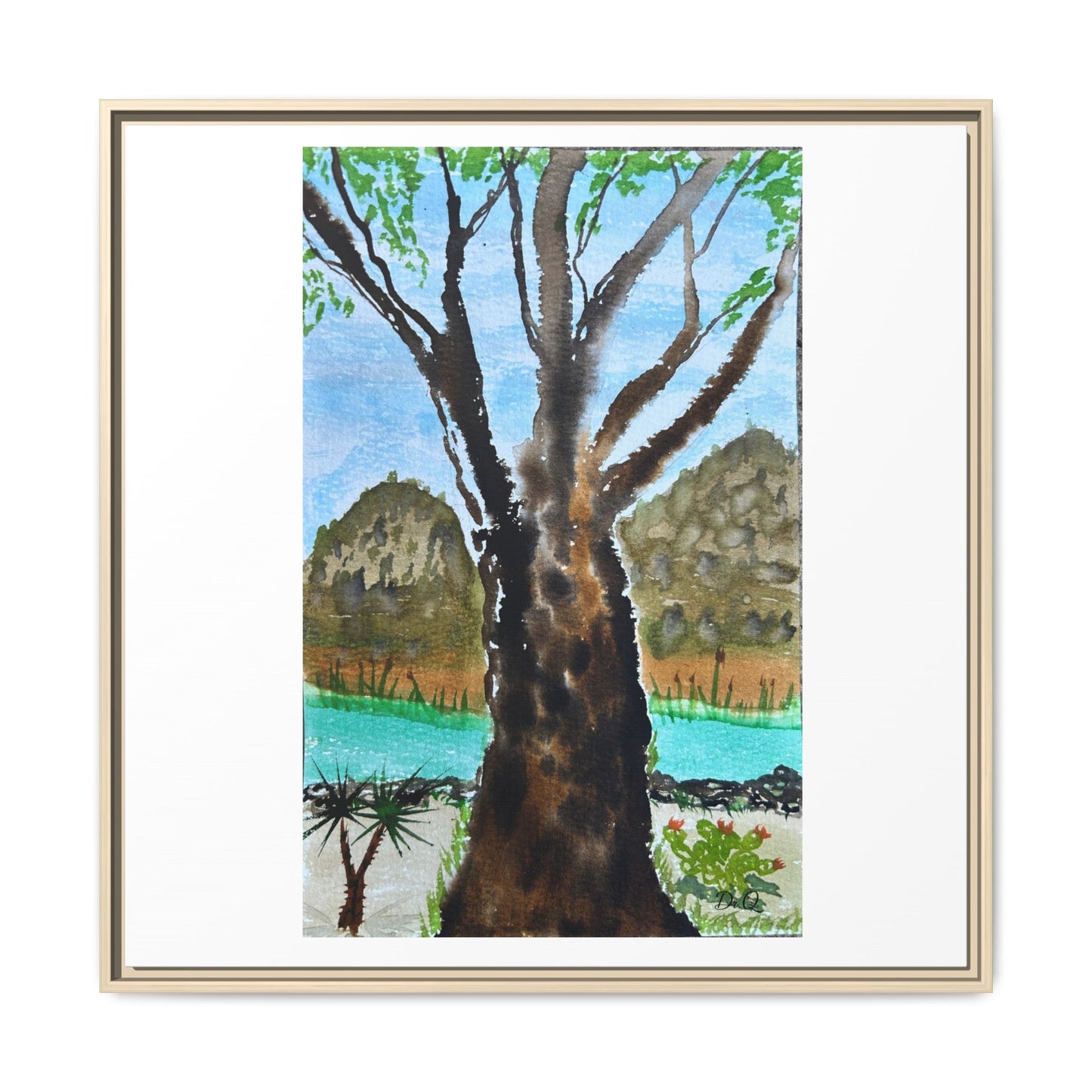 Tranquil Lakeside Tree Watercolor - Framed Matte Canvas Print by Dr. Q