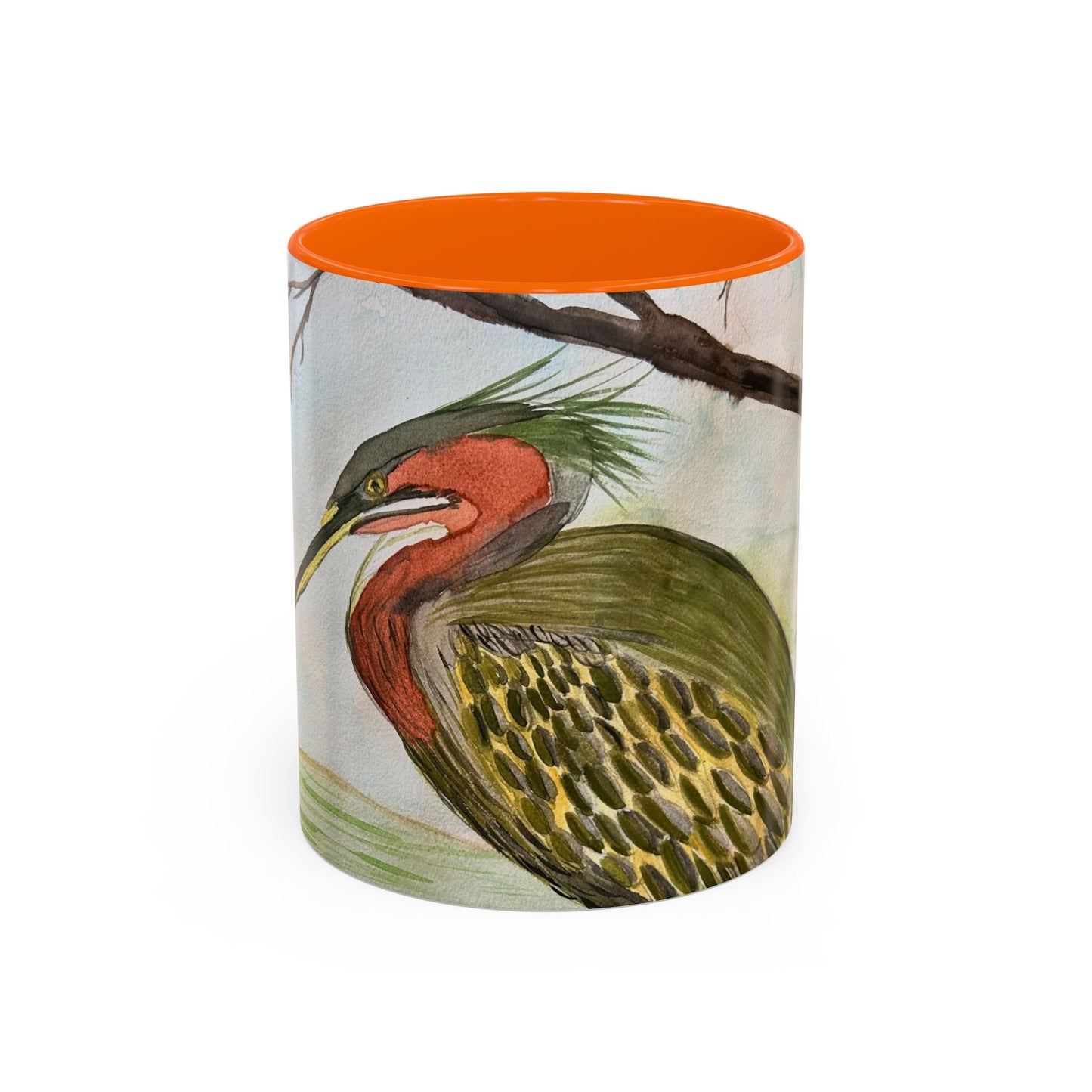 Green Heron Watercolor Accent Coffee Mug — Nature Bird Watercolor (11/15oz)