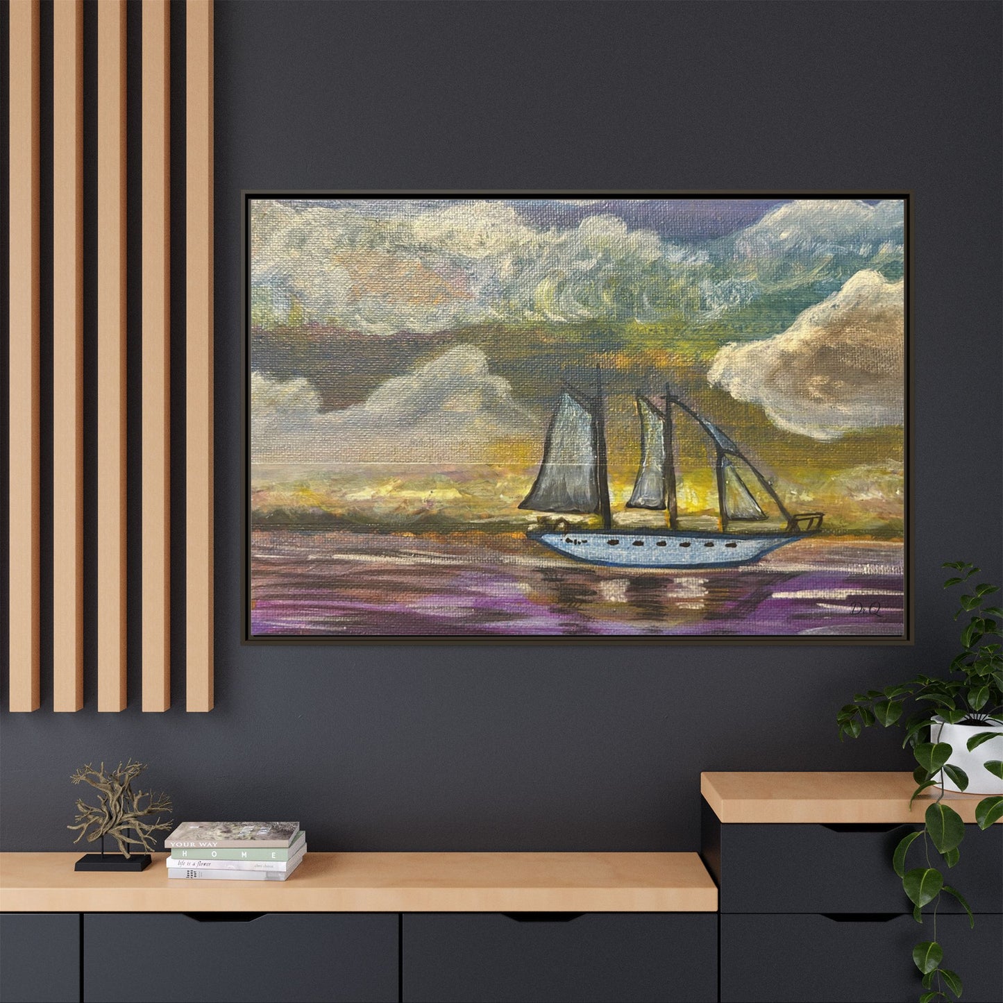 Framed Matte Canvas Sailboat Painting — Serene Seascape Wall Art