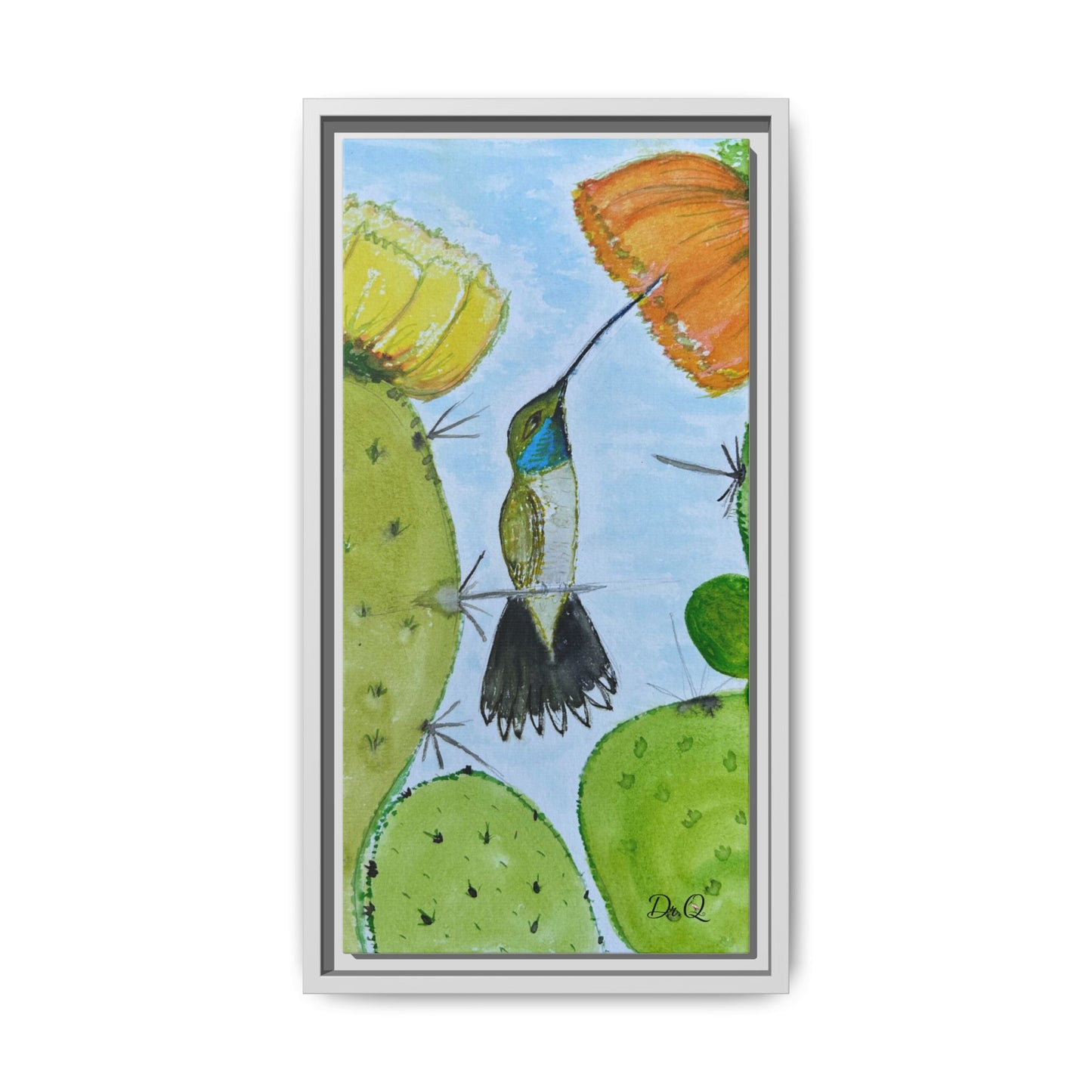 Framed Hummingbird Cactus Watercolor Print on Canvas by Dr. Q — Floral Desert Wall Art