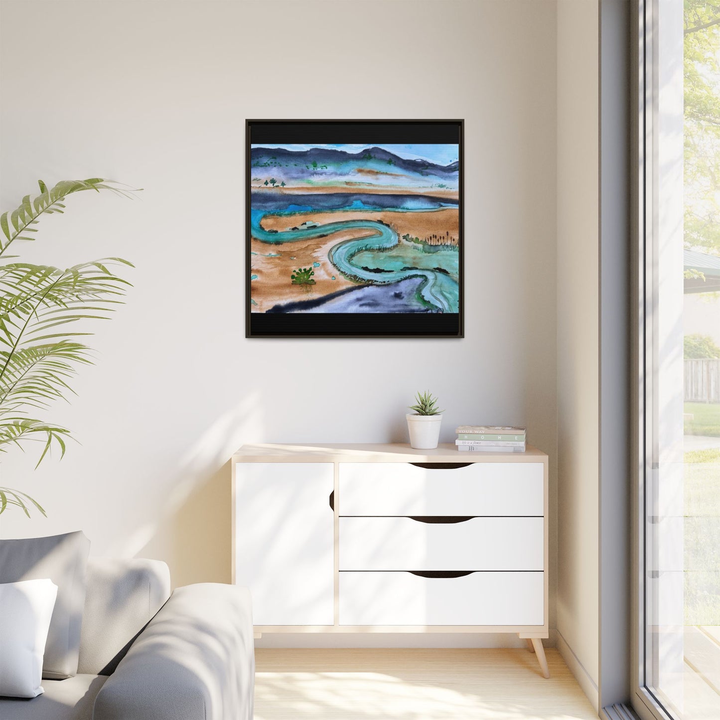Winding River by Dr. Q - Framed Matte Canvas Watercolor Wall Art