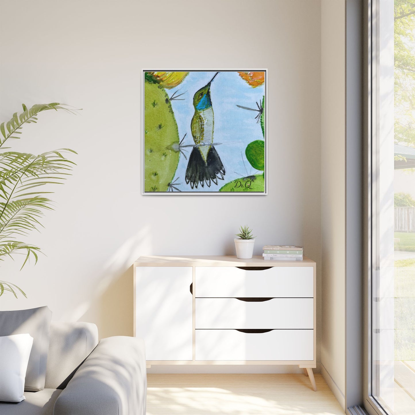 Framed Hummingbird Cactus Watercolor Print on Canvas by Dr. Q — Floral Desert Wall Art