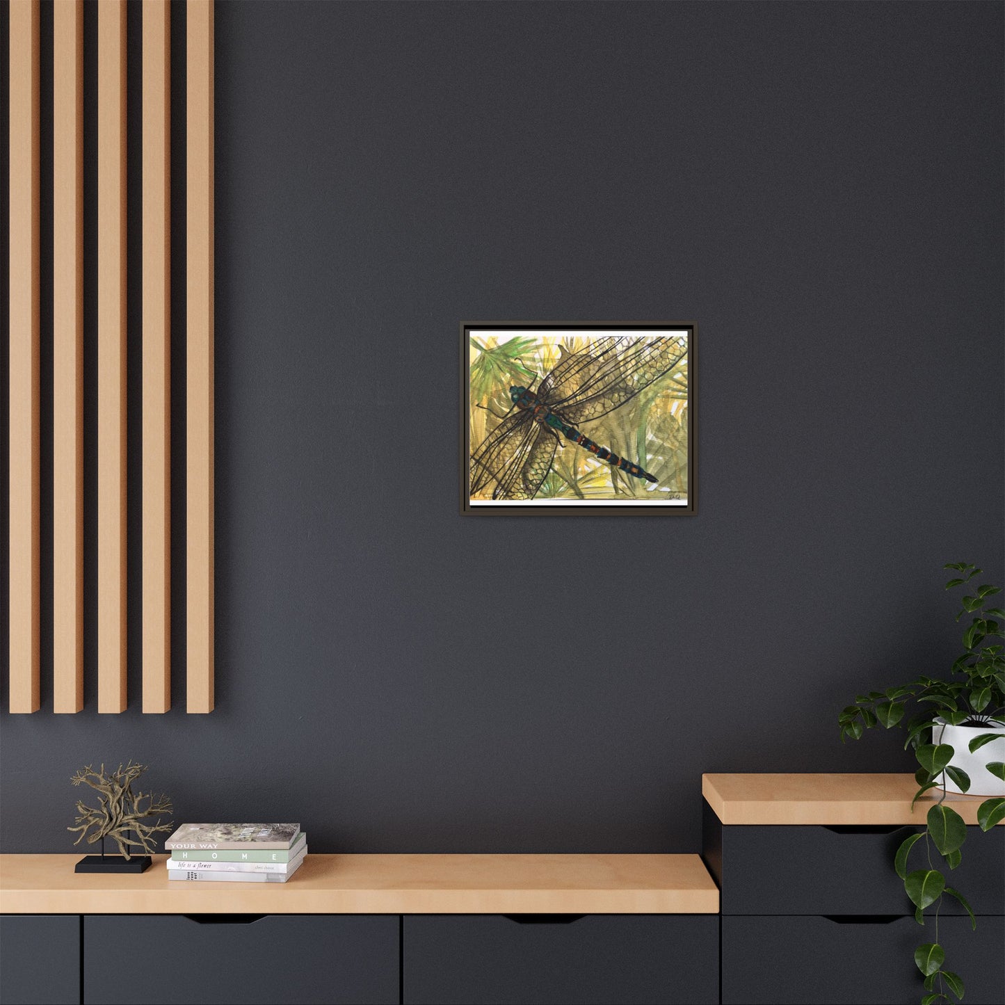 Dragonfly Framed Canvas Art — Botanical Watercolor Wall Decor