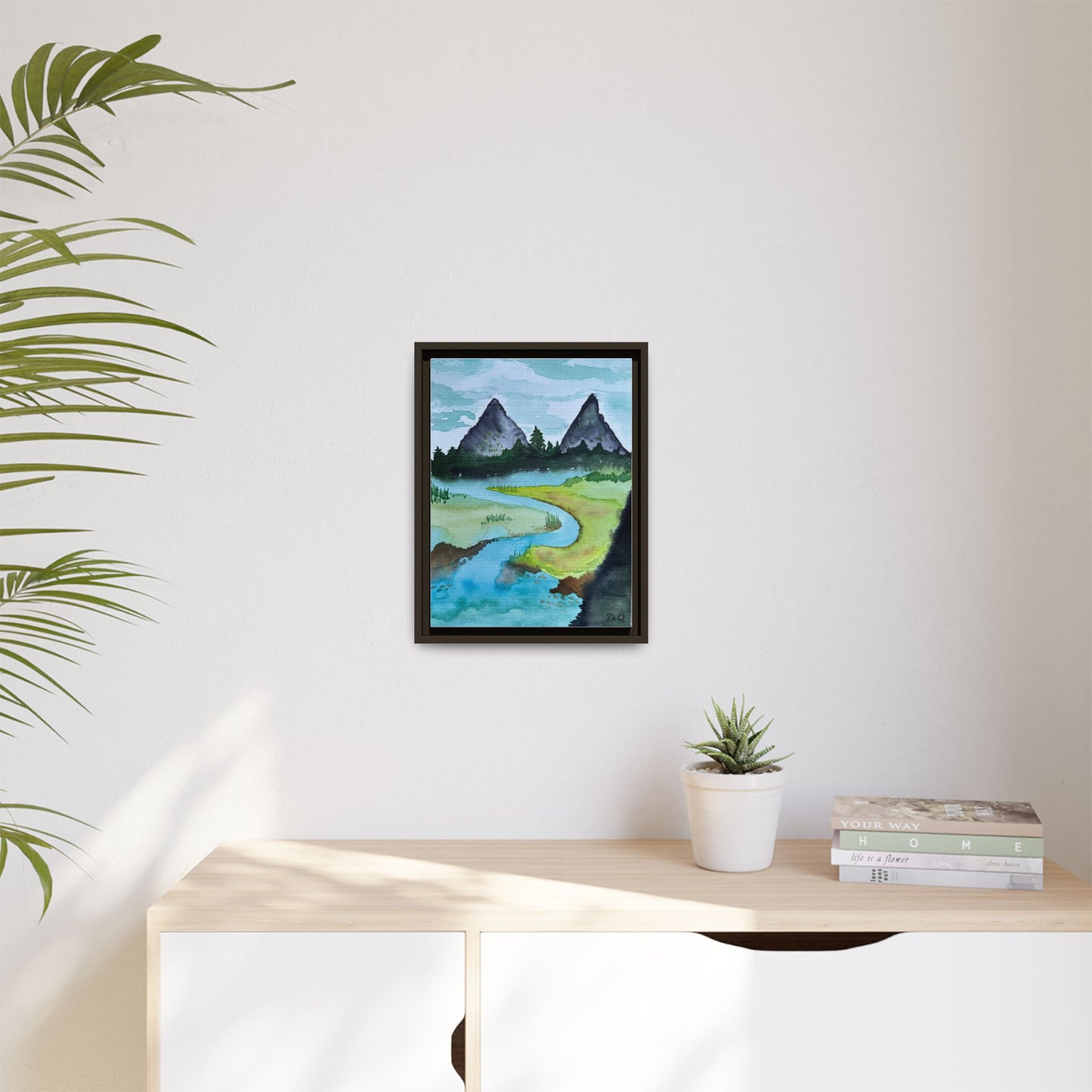 Mountain River Framed Canvas Watercolor Print by Dr. Q