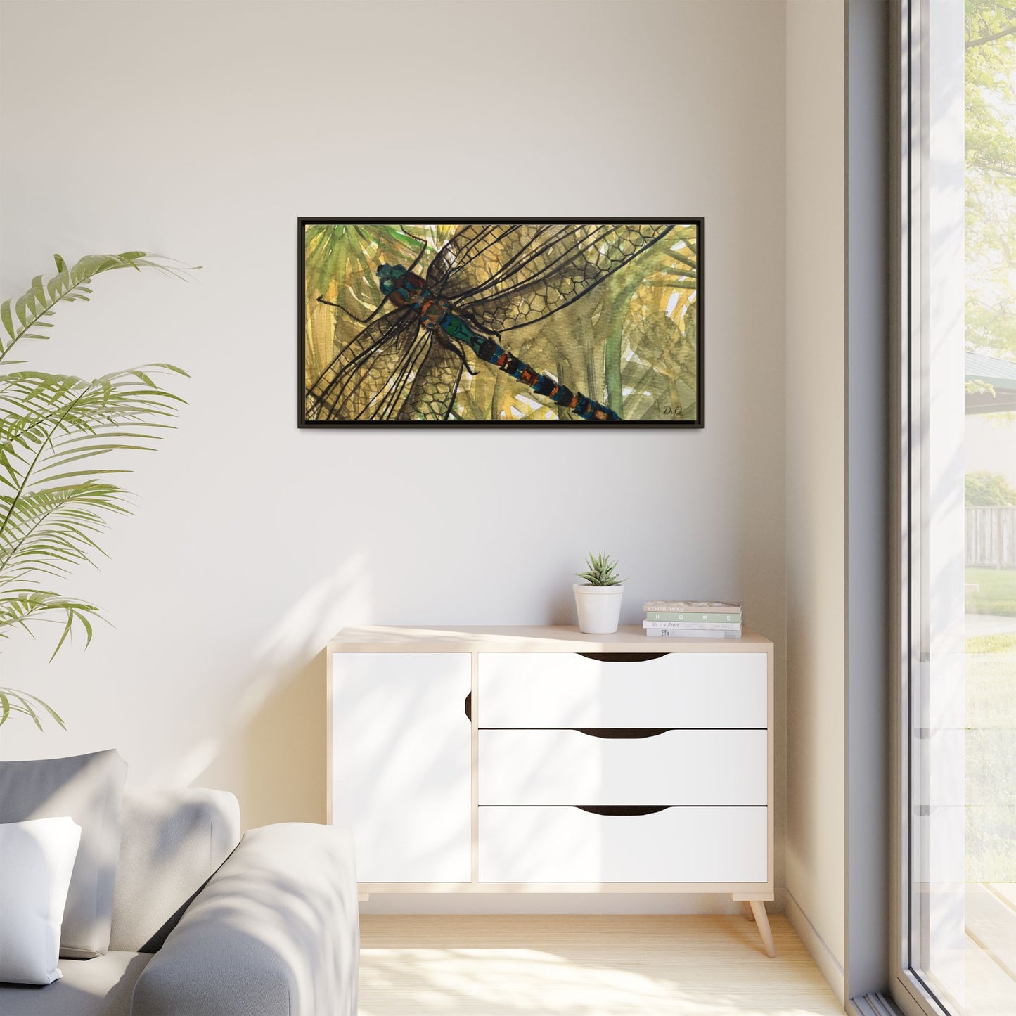 Dragonfly Framed Canvas Art — Botanical Watercolor Wall Decor