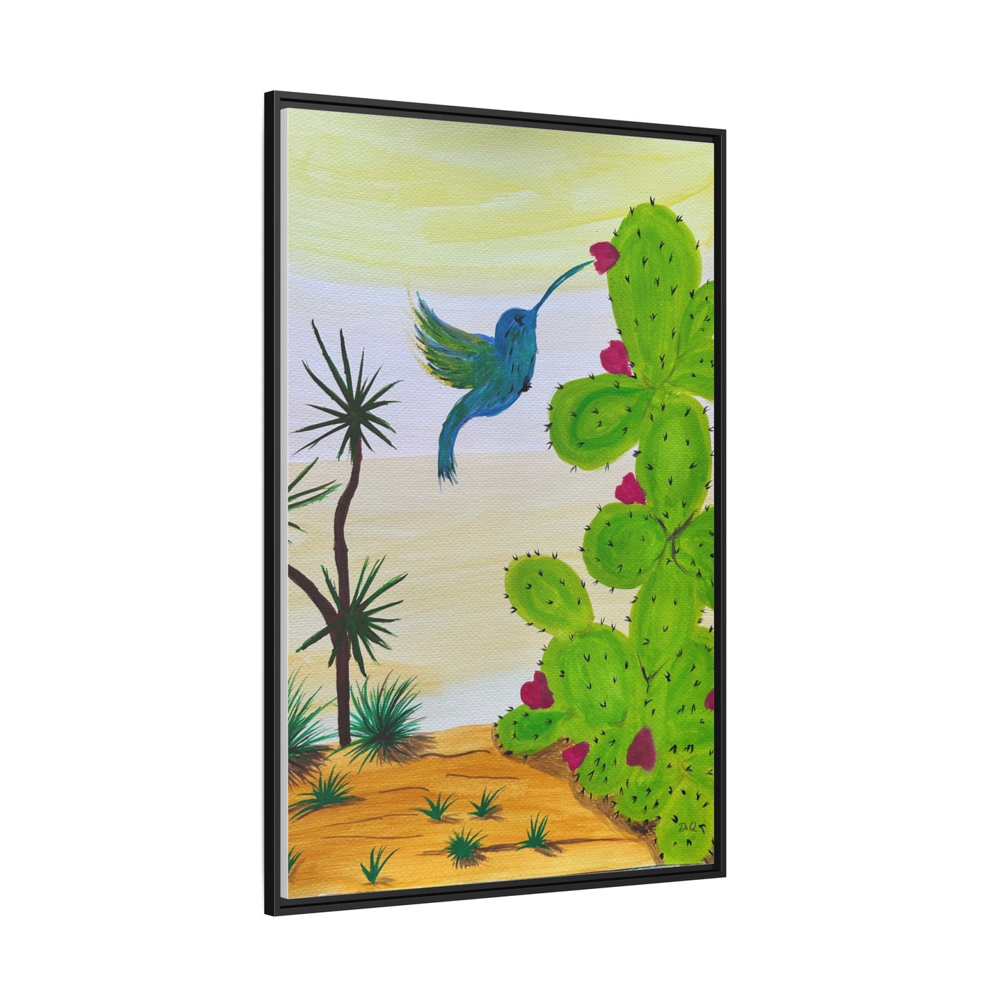 Tropical Cactus & Hummingbird Wall Art - Framed Matte Canvas